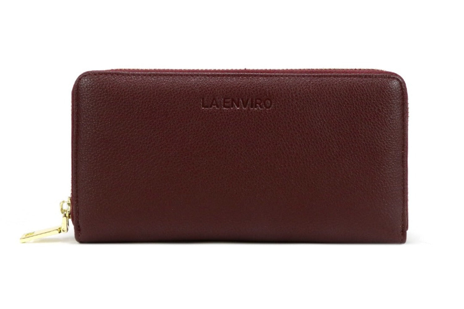 EVA Wallet in Wine color, featuring zip-around design, premium vegan leather, and golden metallic hardware.