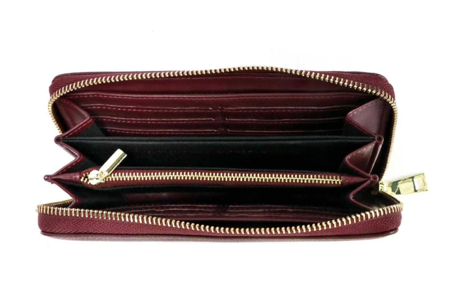 EVA Wallet in Wine color, featuring zip-around design, premium vegan leather, and golden metallic hardware.