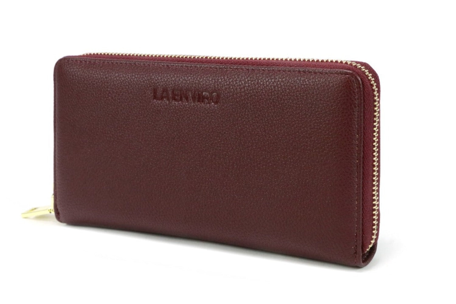 EVA Wallet in Wine color, featuring zip-around design, premium vegan leather, and golden metallic hardware.