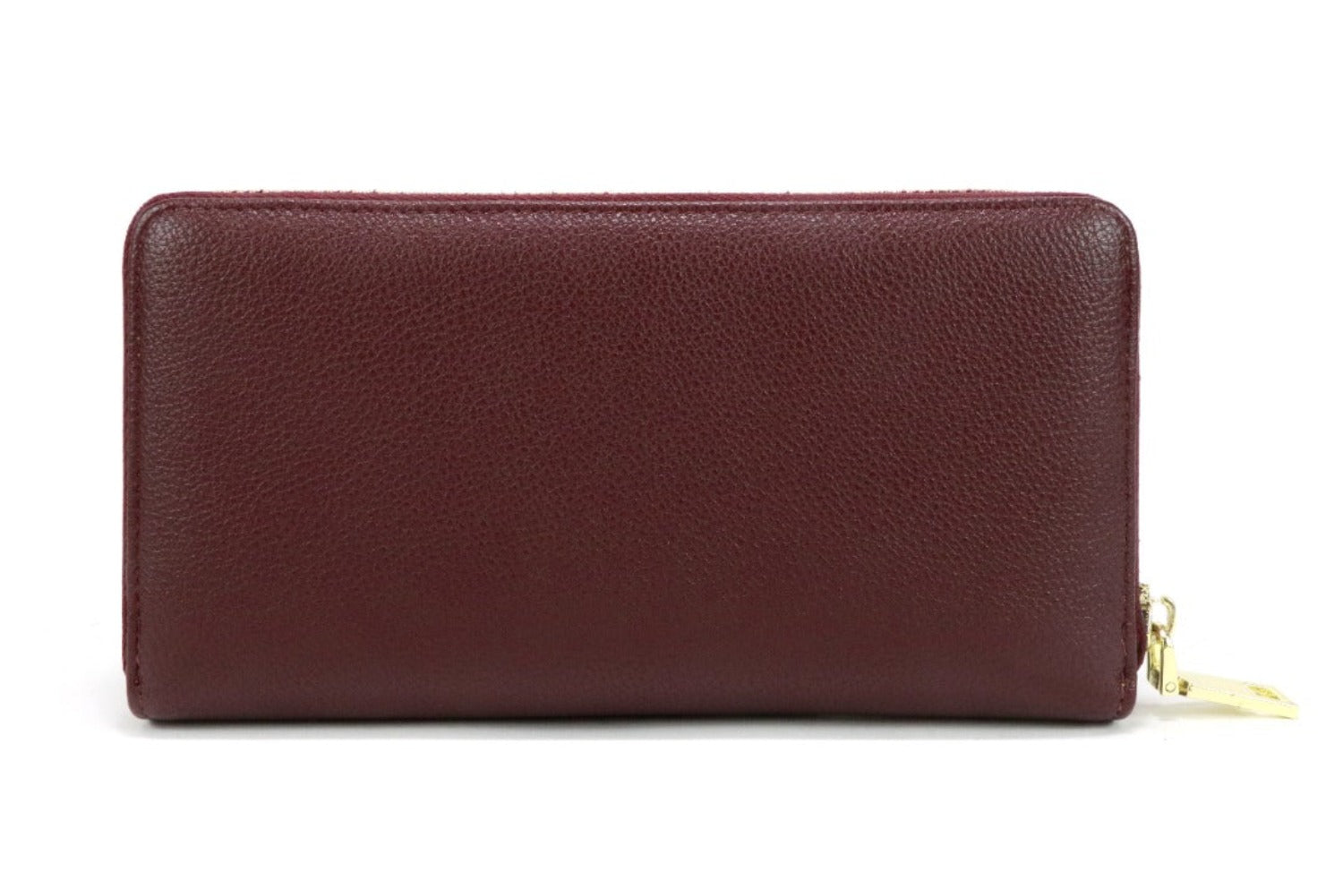 EVA Wallet in Wine color, featuring zip-around design, premium vegan leather, and golden metallic hardware.