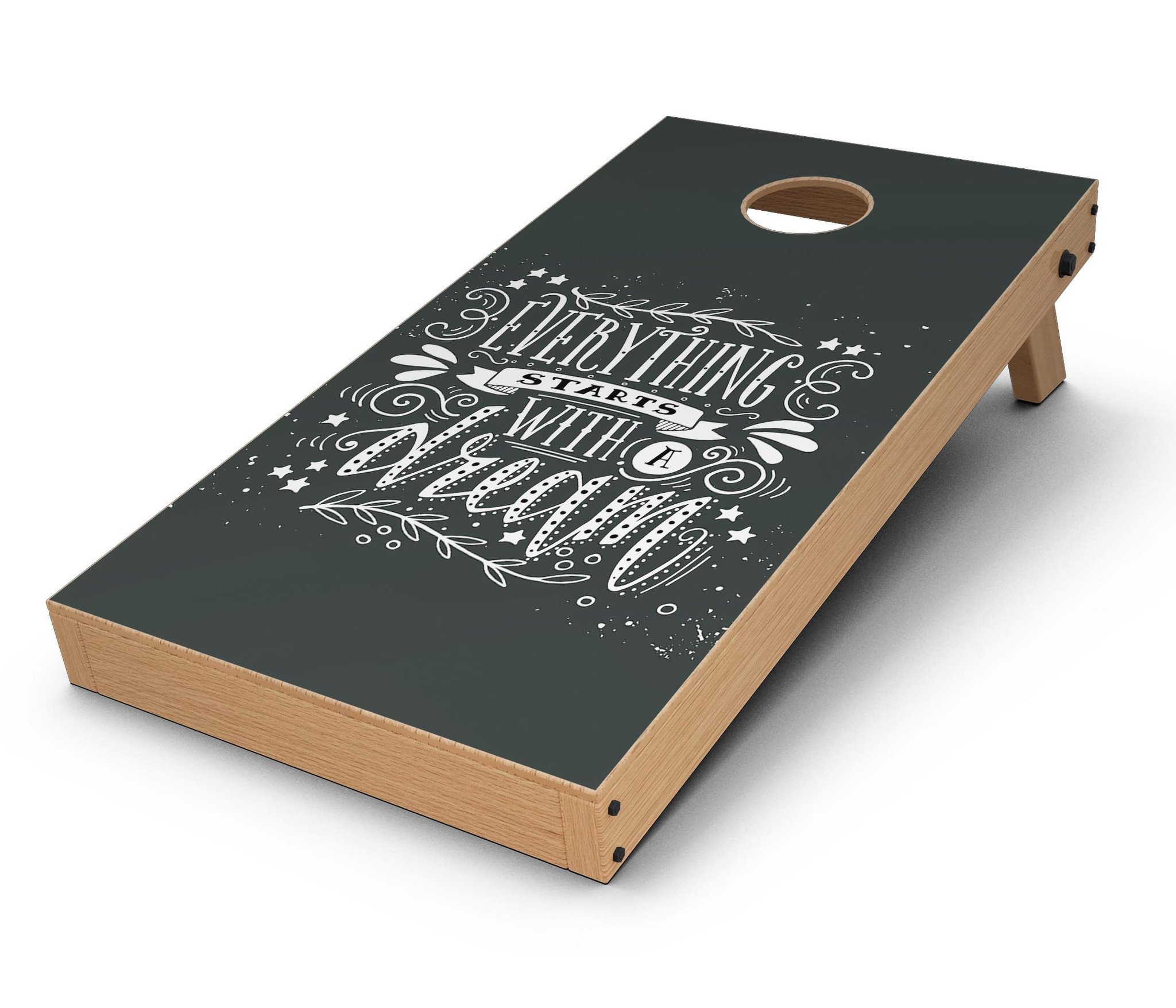 Everything Starts with a Dream CornHole Board Skin Decal Kit featuring vibrant designs for custom Cornhole boards.