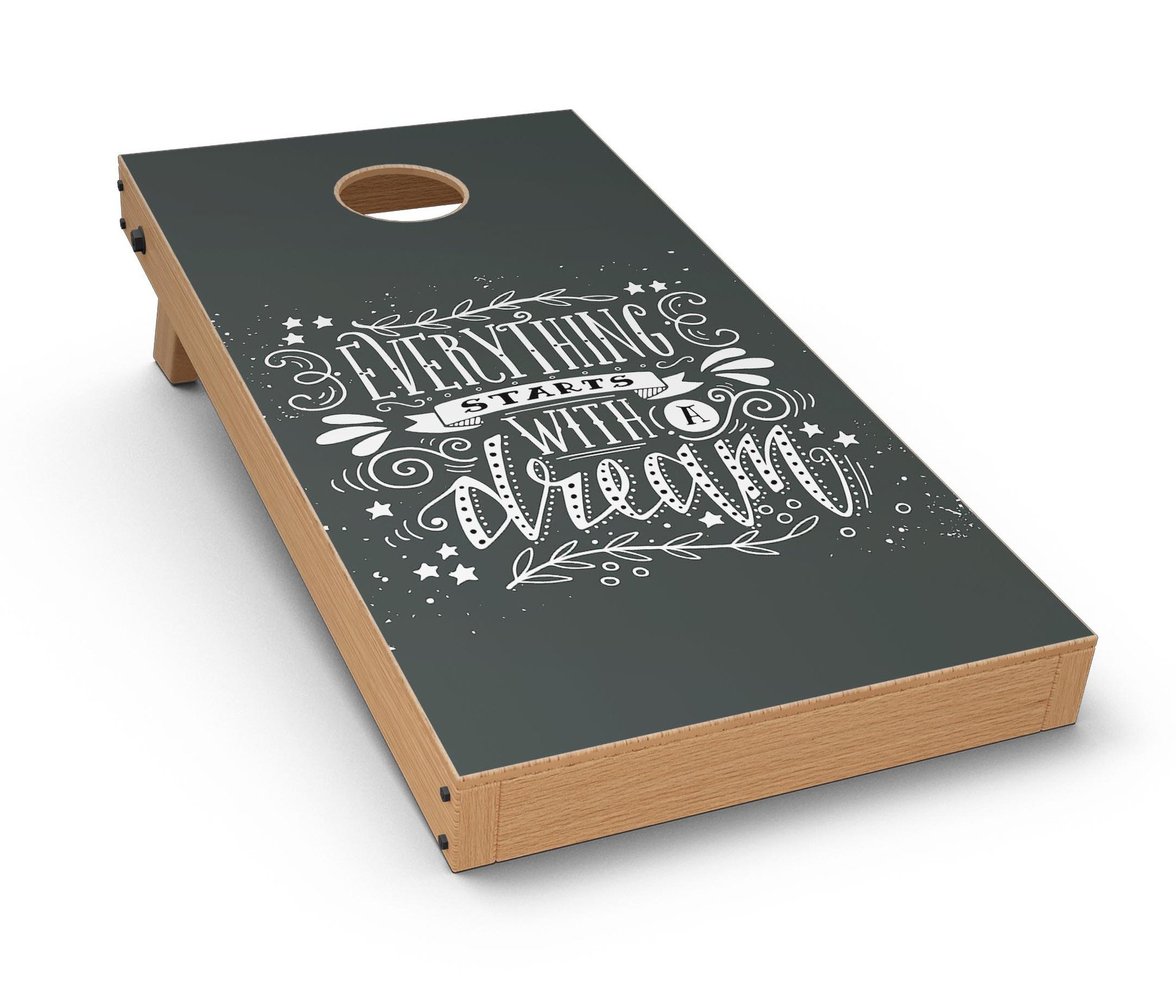 Everything Starts with a Dream CornHole Board Skin Decal Kit featuring vibrant designs for custom Cornhole boards.