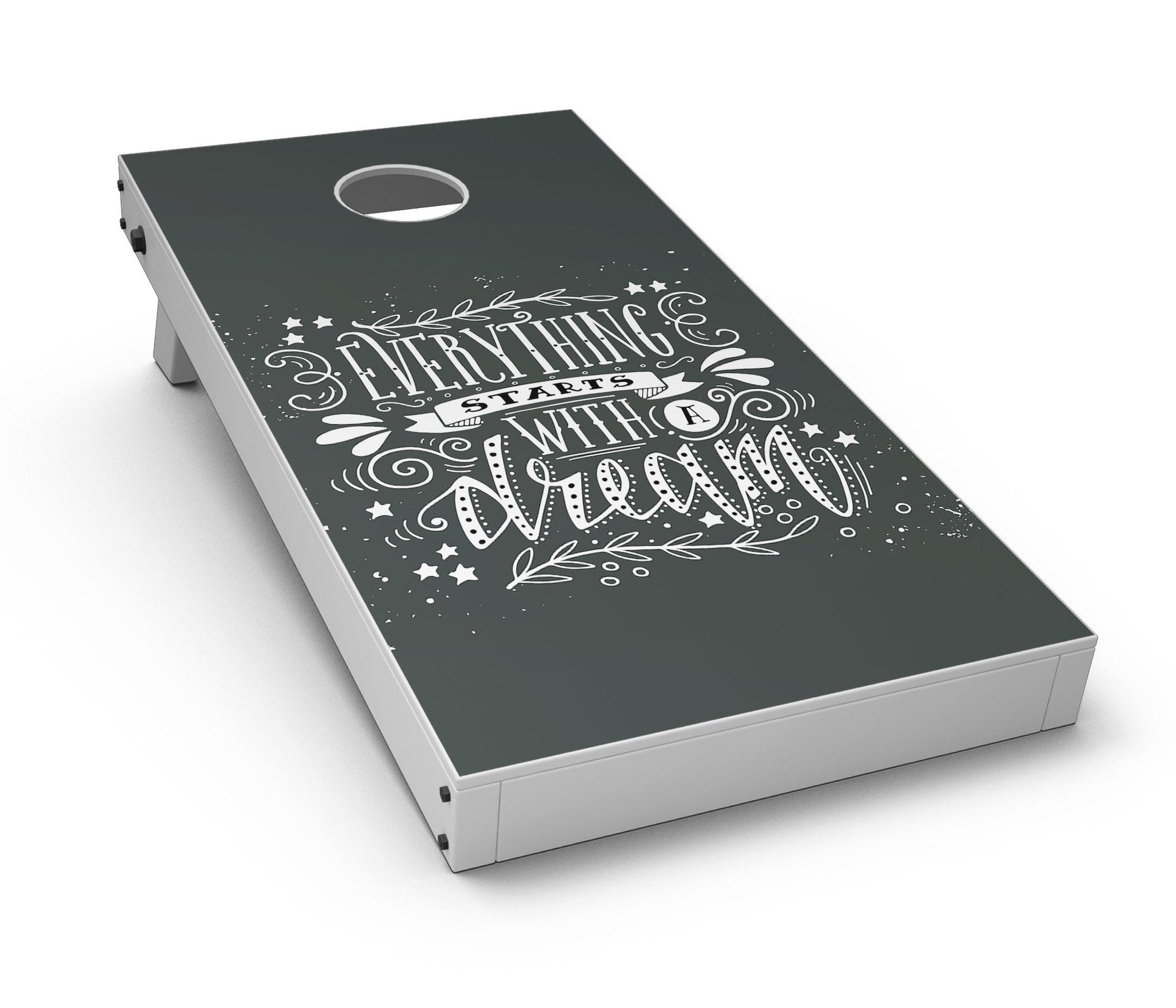 Everything Starts with a Dream CornHole Board Skin Decal Kit featuring vibrant designs for custom Cornhole boards.