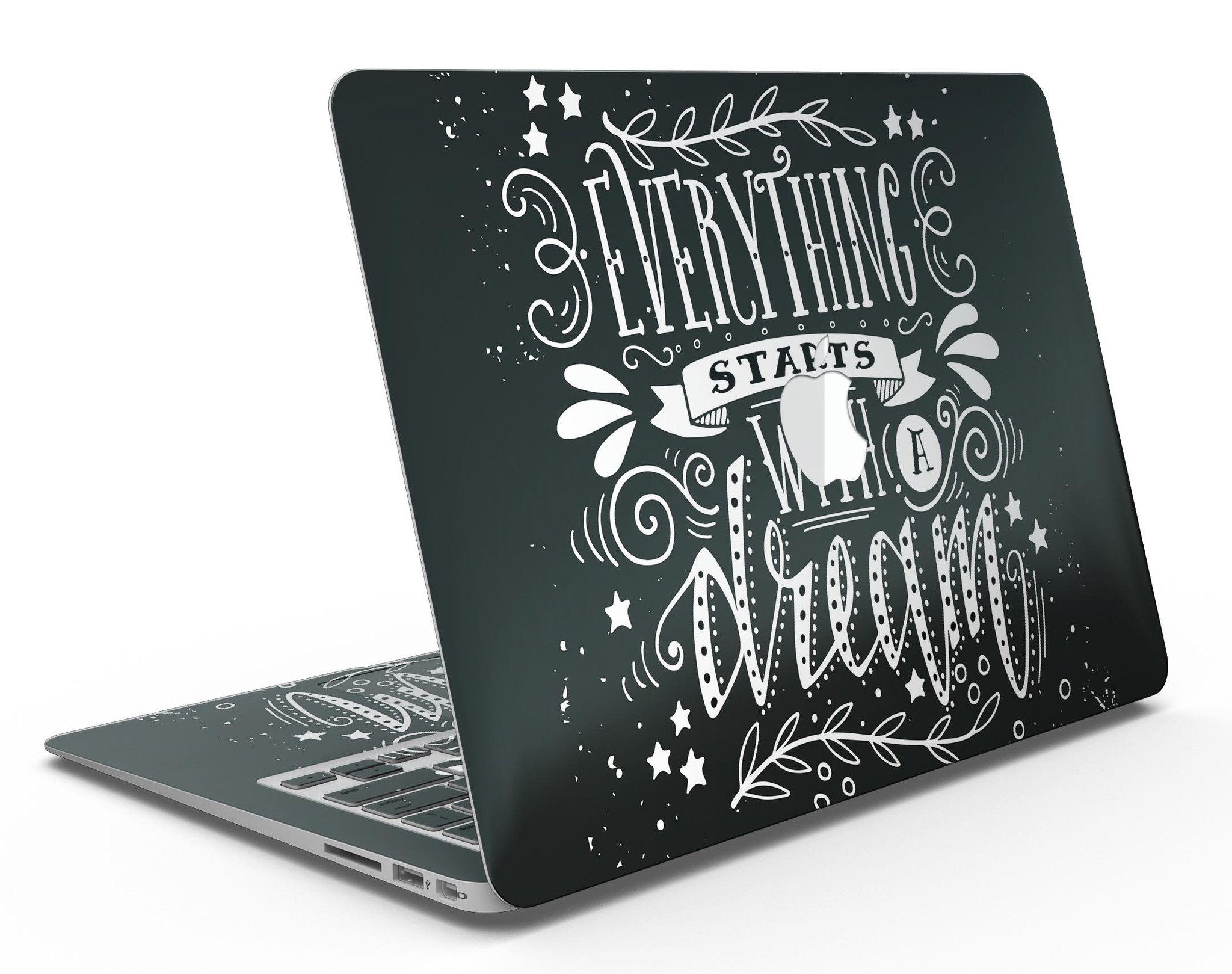 Everything Starts with a Dream MacBook Air Skin Kit showcasing glossy and matte finishes on a sleek MacBook Air.