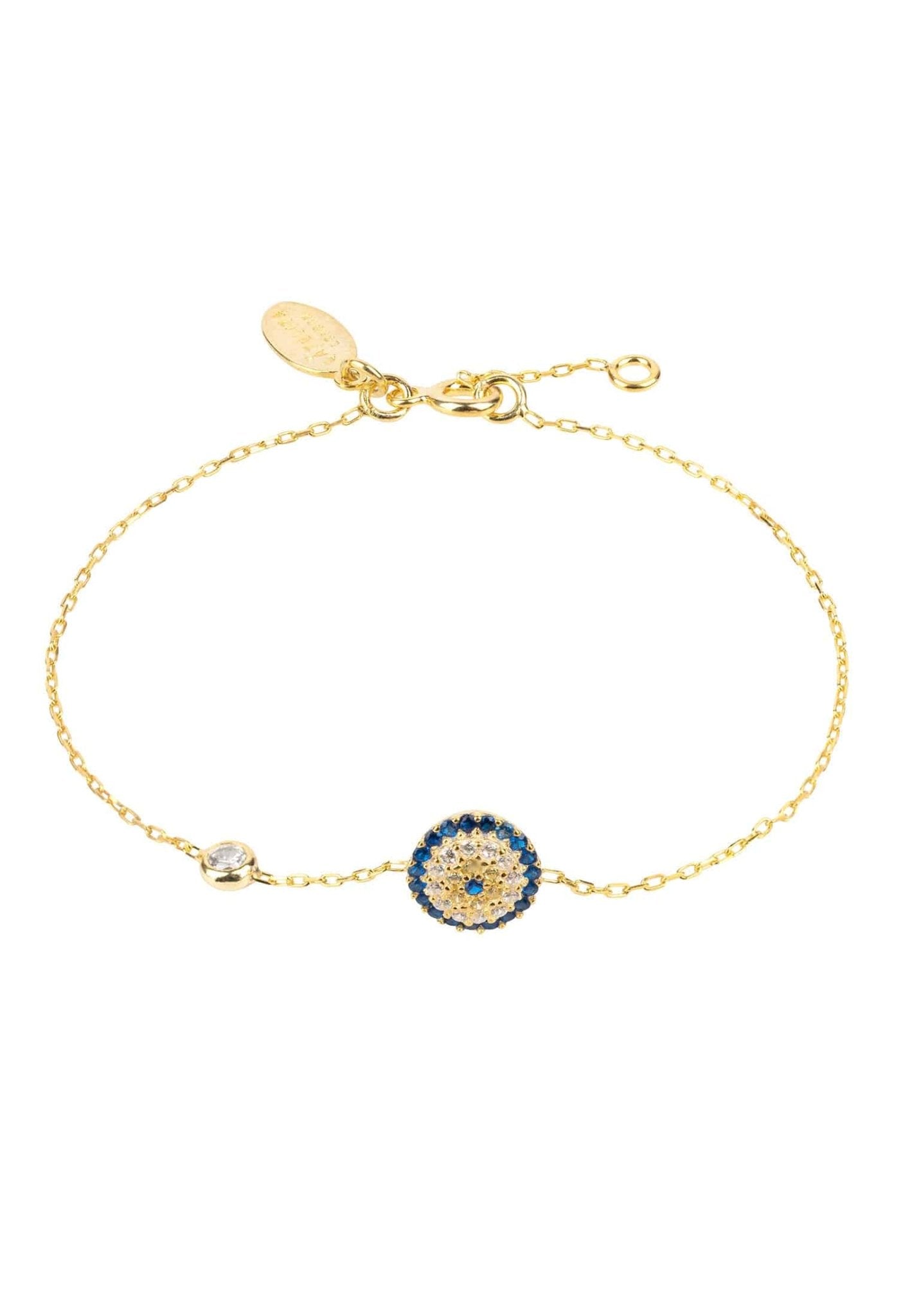 Elegant Evil Eye Bracelet Gold with blue and white zircon accents, handcrafted in sterling silver and dipped in 22ct gold.