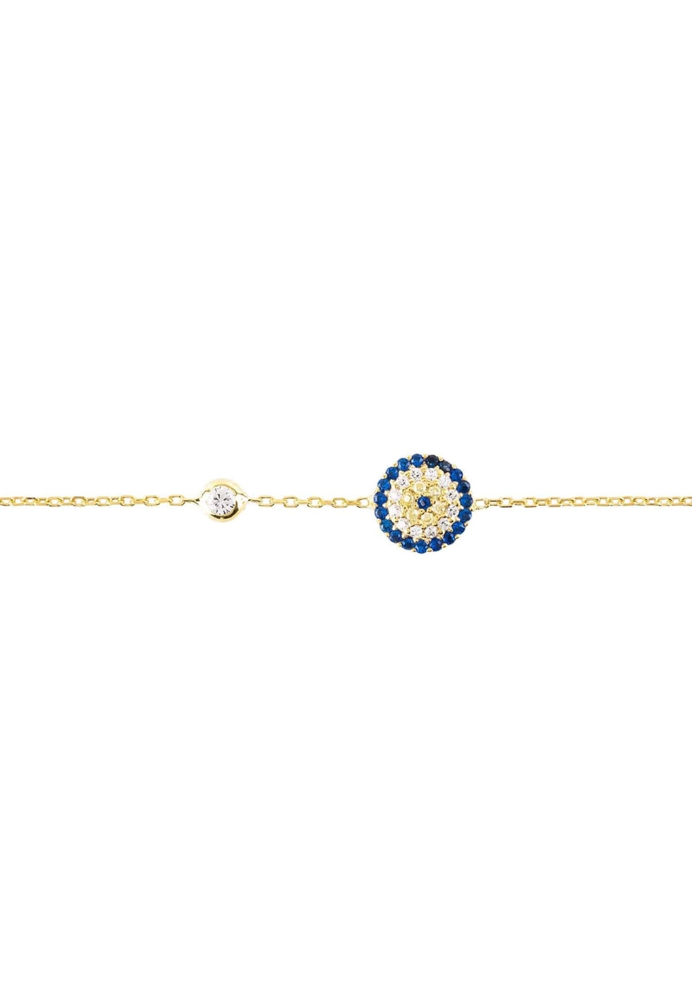 Elegant Evil Eye Bracelet Gold with blue and white zircon accents, handcrafted in sterling silver and dipped in 22ct gold.