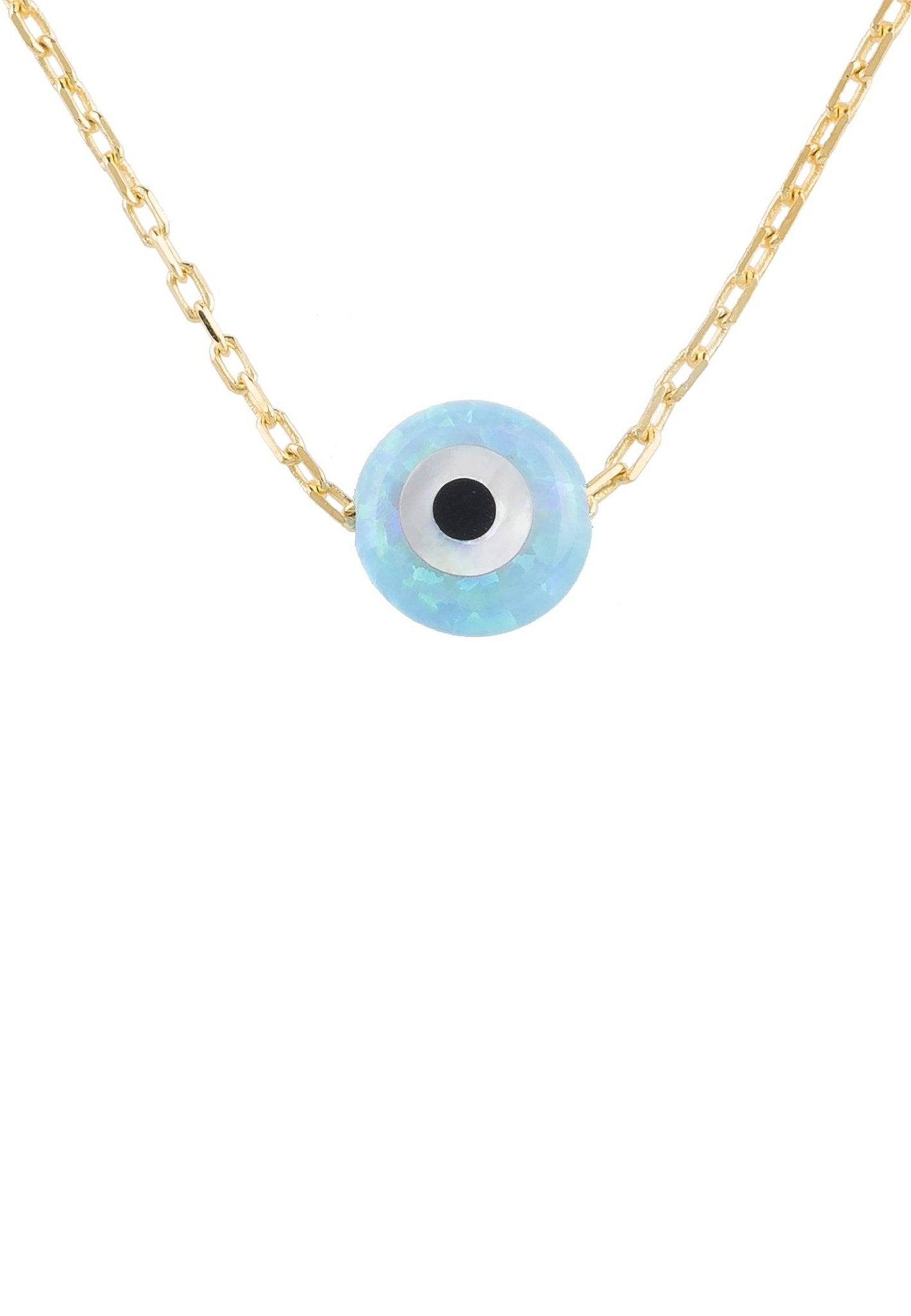 Evil Eye Mini Opalite Pendant Necklace in gold, featuring a delicate opalite evil eye charm on a sterling silver chain.