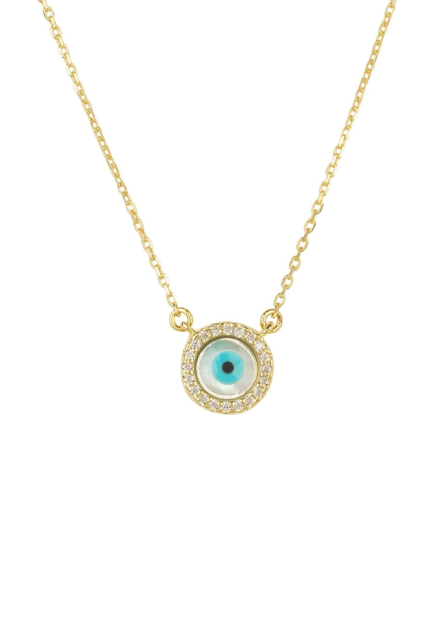 Evil Eye Mother Of Pearl Necklace featuring a central mother of pearl evil eye surrounded by white zircons, handcrafted in sterling silver and dipped in gold.