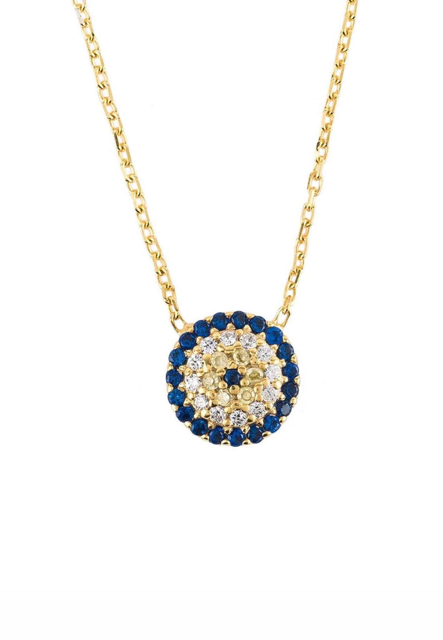 Elegant Evil Eye Necklace Gold with blue, white, and gold zircons, handcrafted from sterling silver and dipped in 22ct gold.