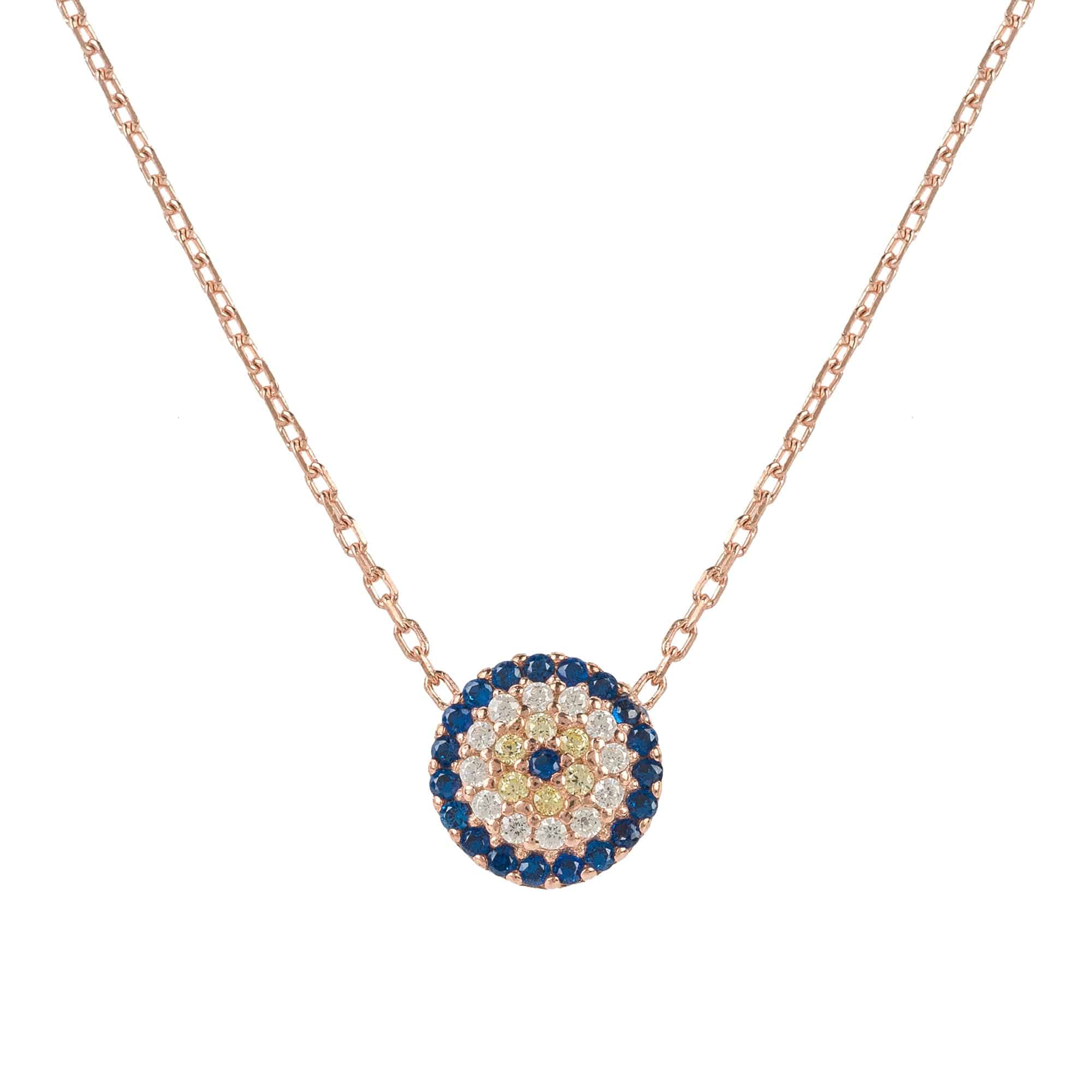 Evil Eye Necklace in rosegold featuring blue and white zircons, handcrafted from sterling silver.