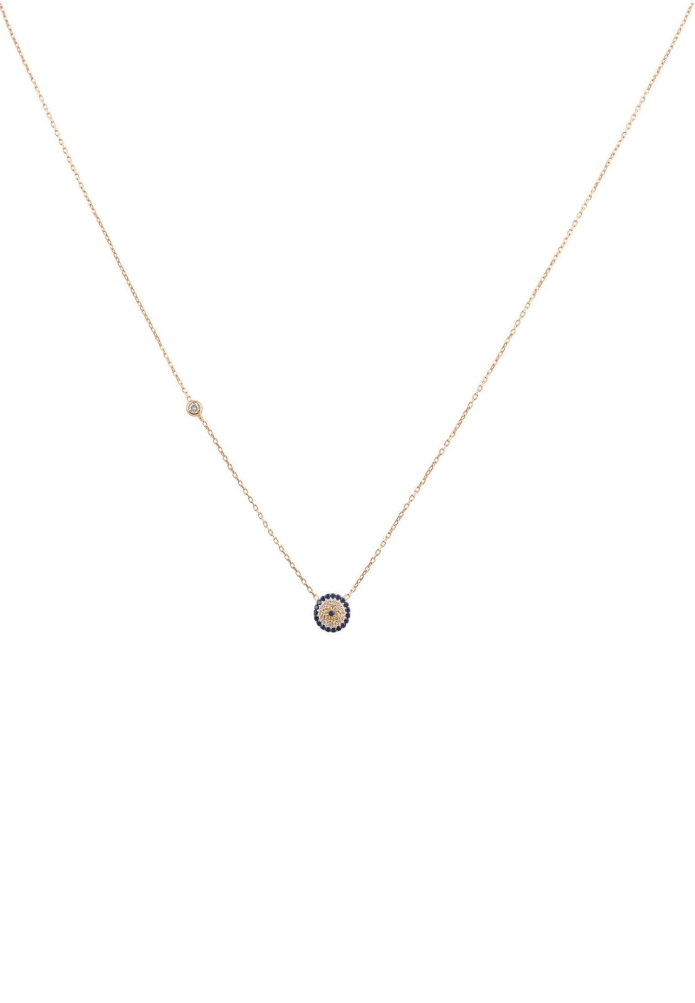 Evil Eye Necklace in rosegold featuring blue and white zircons, handcrafted from sterling silver.