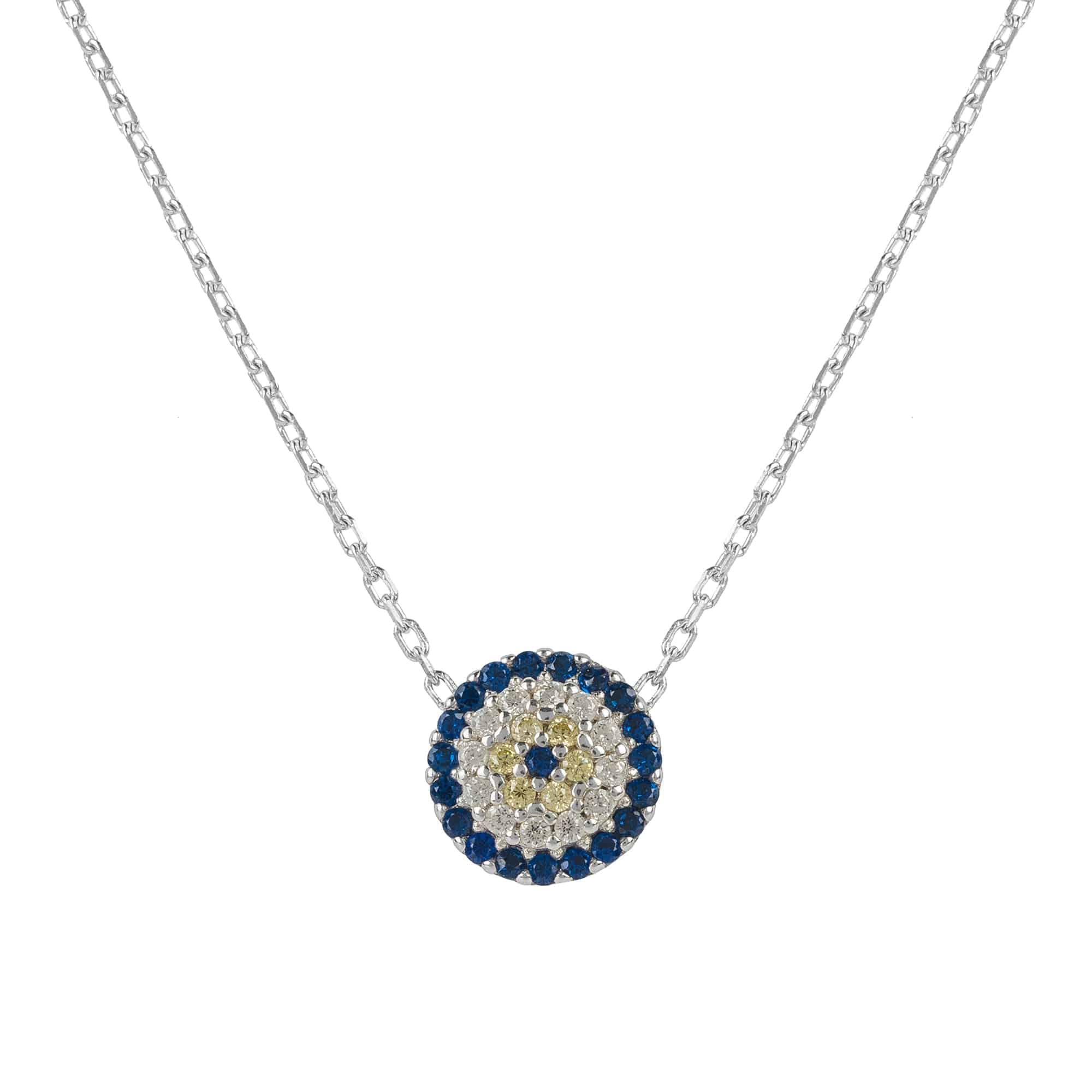 Elegant silver Evil Eye Necklace featuring blue and white zircon embellishments, perfect for everyday wear.