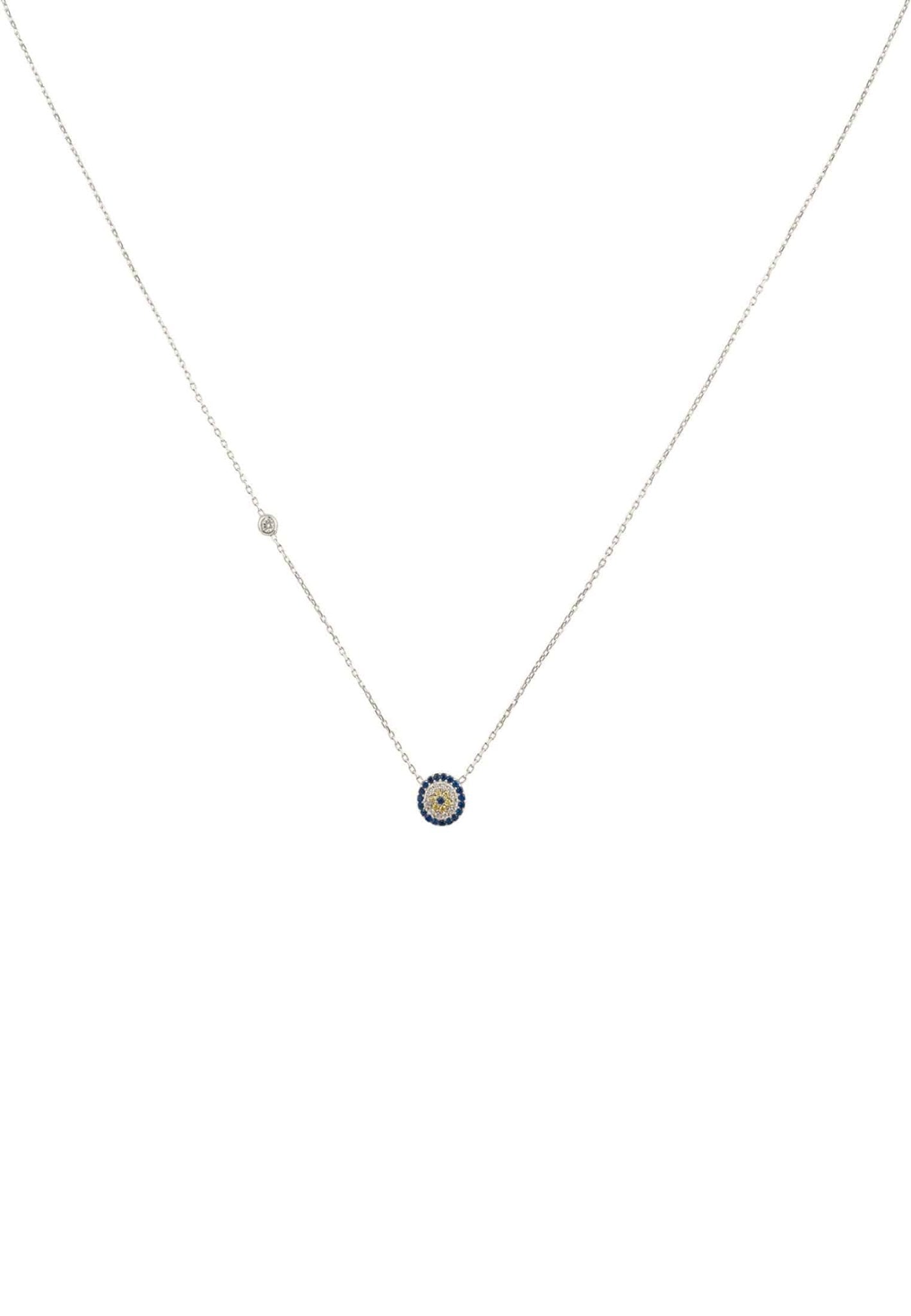 Elegant silver Evil Eye Necklace featuring blue and white zircon embellishments, perfect for everyday wear.