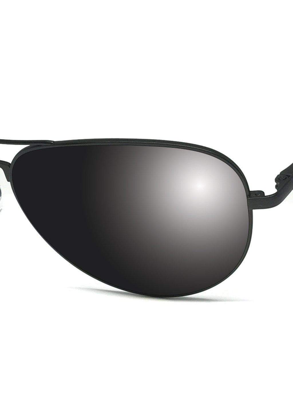 Black aviator sunglasses, reflective lenses.