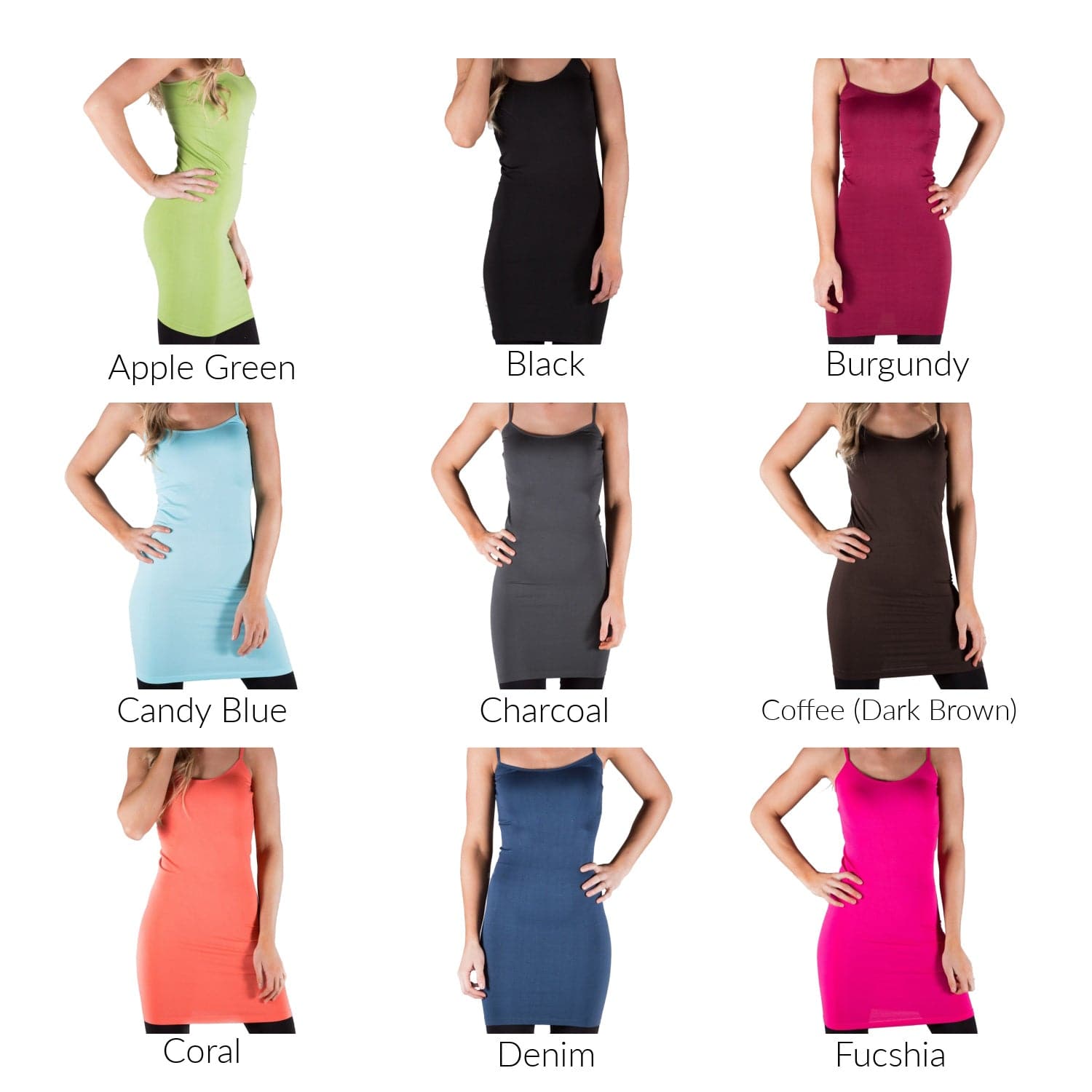 Extra Long Layering Cami in various colors, showcasing its supportive straps and seamless design, perfect for layering under outfits.