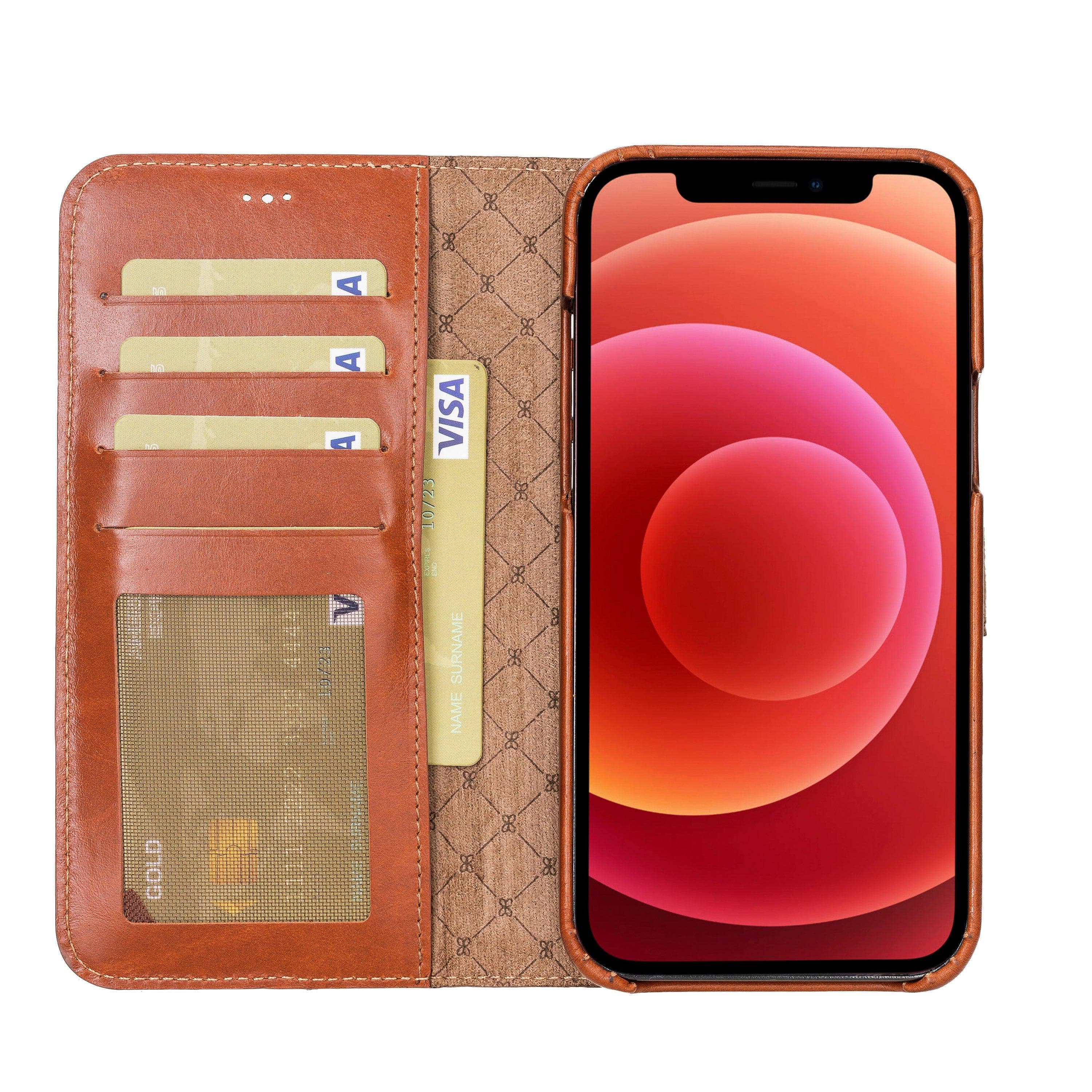 F360 Magnetic Detachable Leather Wallet Case for iPhone 12, showcasing its sleek design and functionality with credit card compartments.