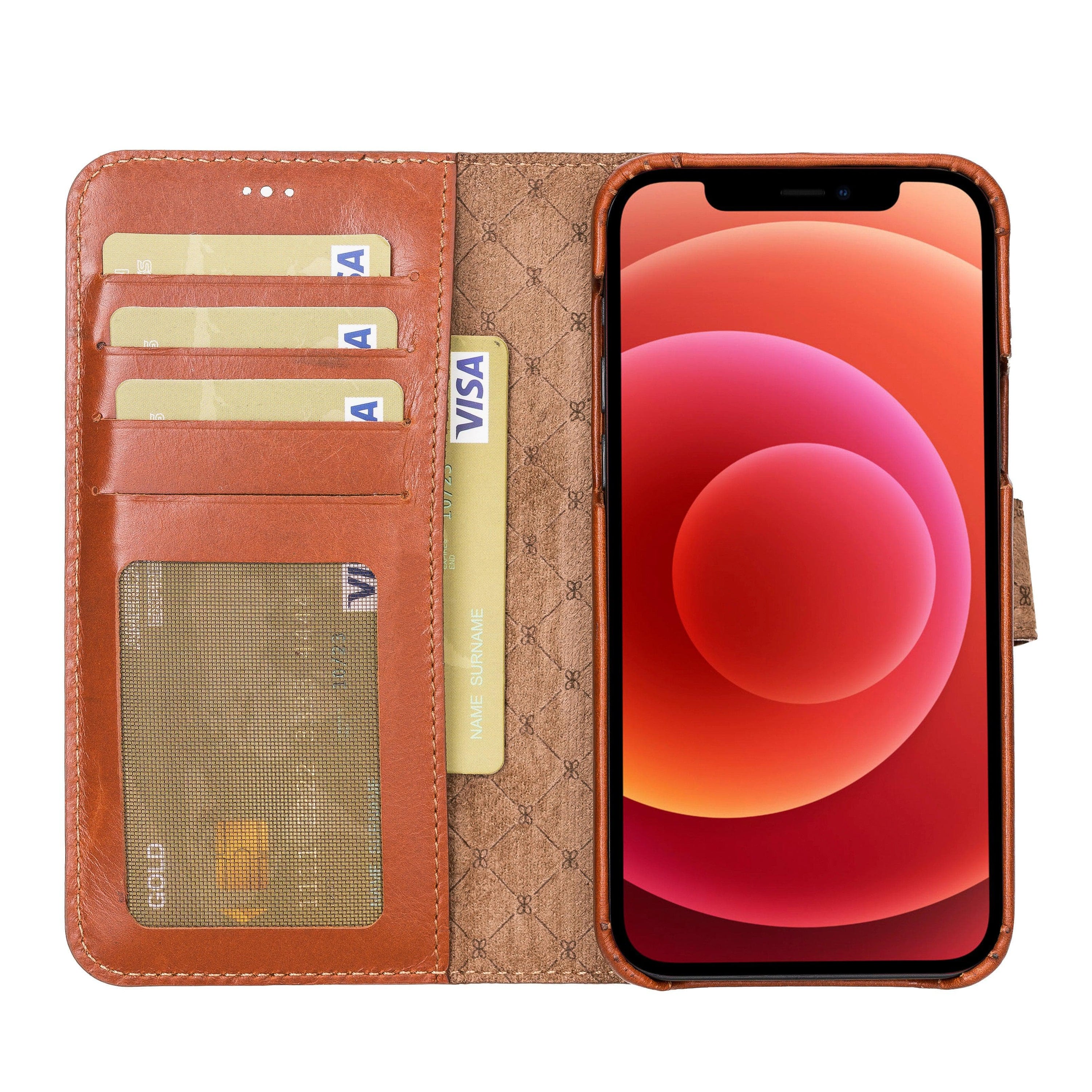 F360 Magnetic Detachable Leather Wallet Case for iPhone 12, showcasing its sleek design and functionality with credit card compartments.