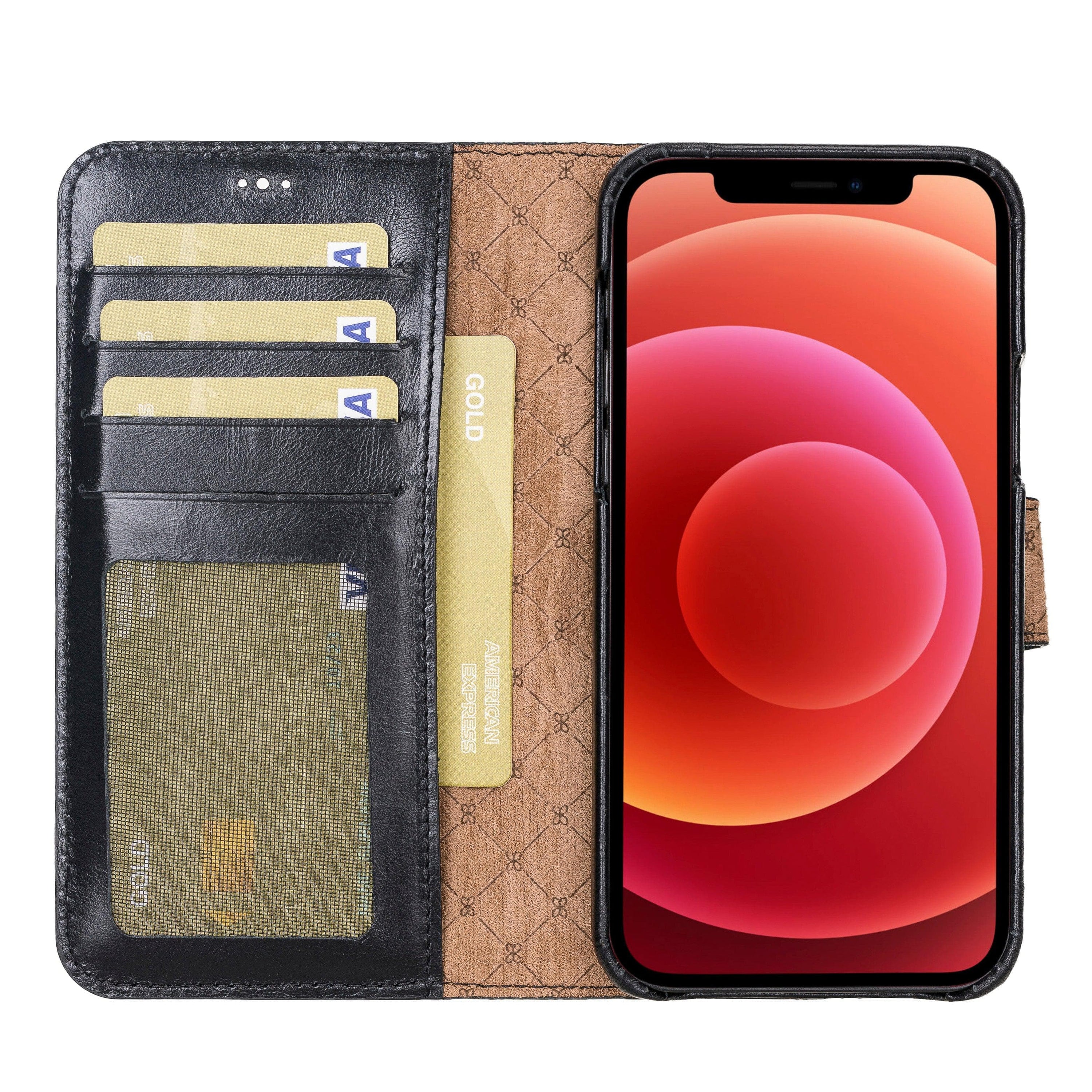 F360 Magnetic Detachable Leather Wallet Case for iPhone 12, showcasing its sleek design and functionality with credit card compartments.