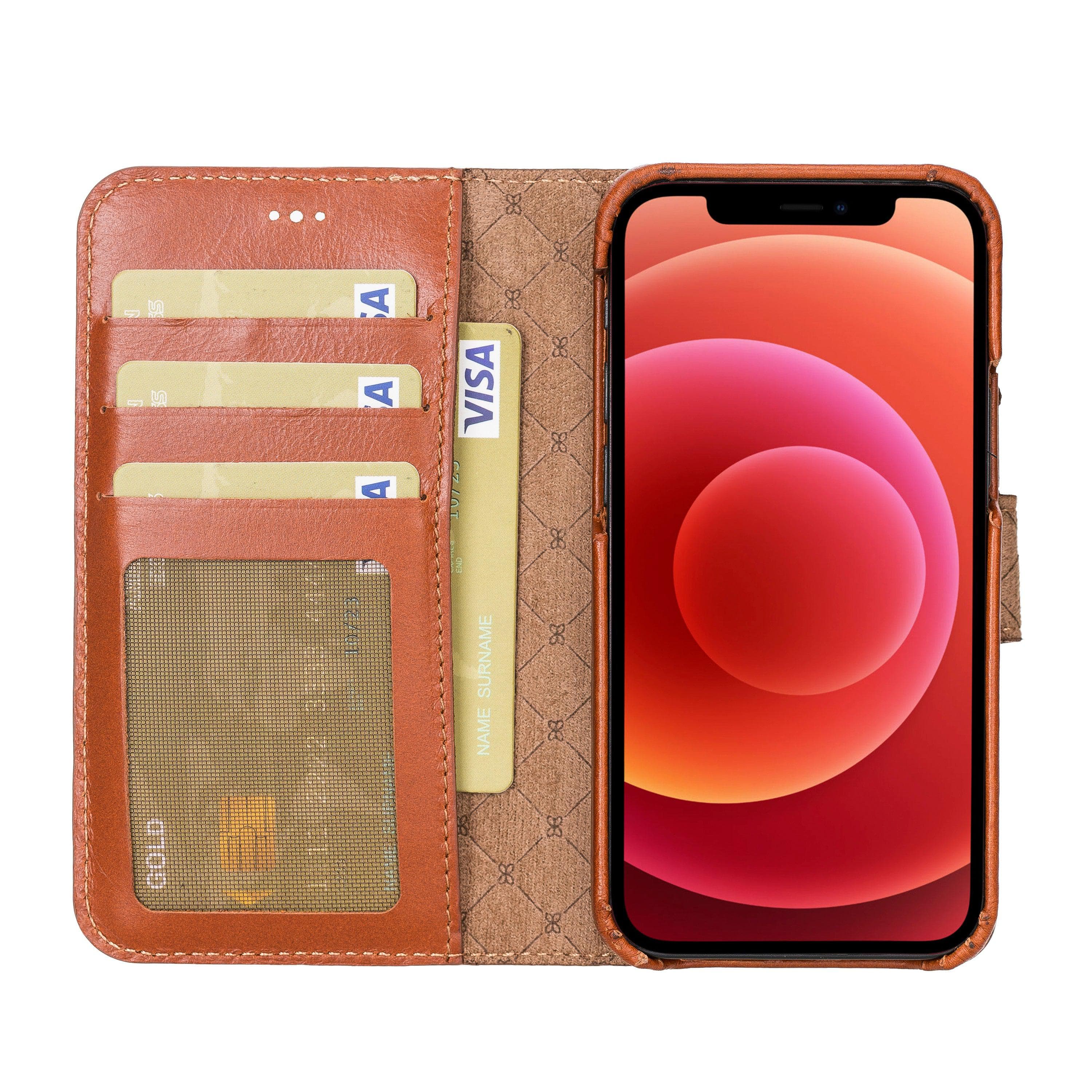 F360 Magnetic Detachable Leather Wallet Case for iPhone 12, showcasing its sleek design and functionality with credit card compartments.