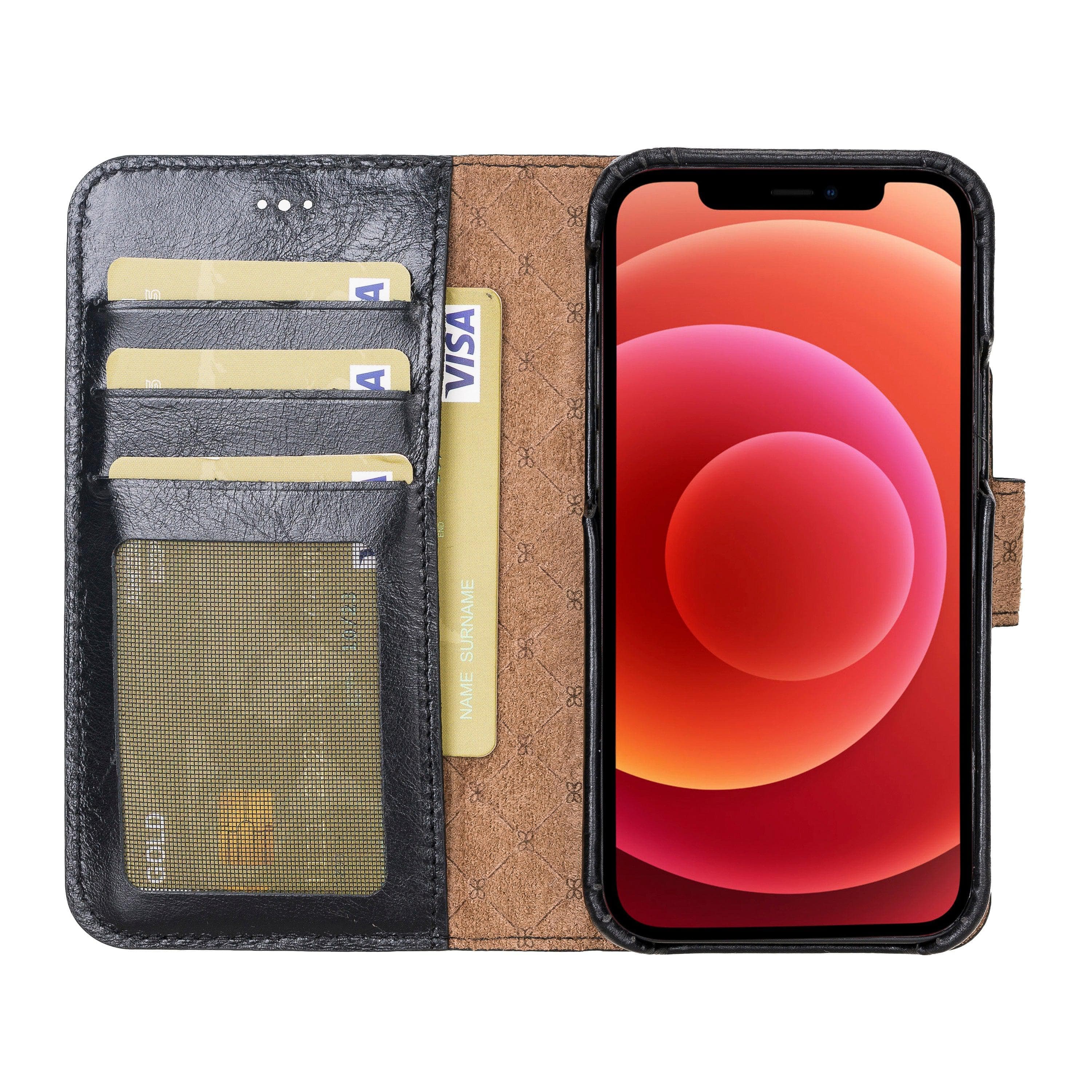 F360 Magnetic Detachable Leather Wallet Case for iPhone 12, showcasing its sleek design and functionality with credit card compartments.