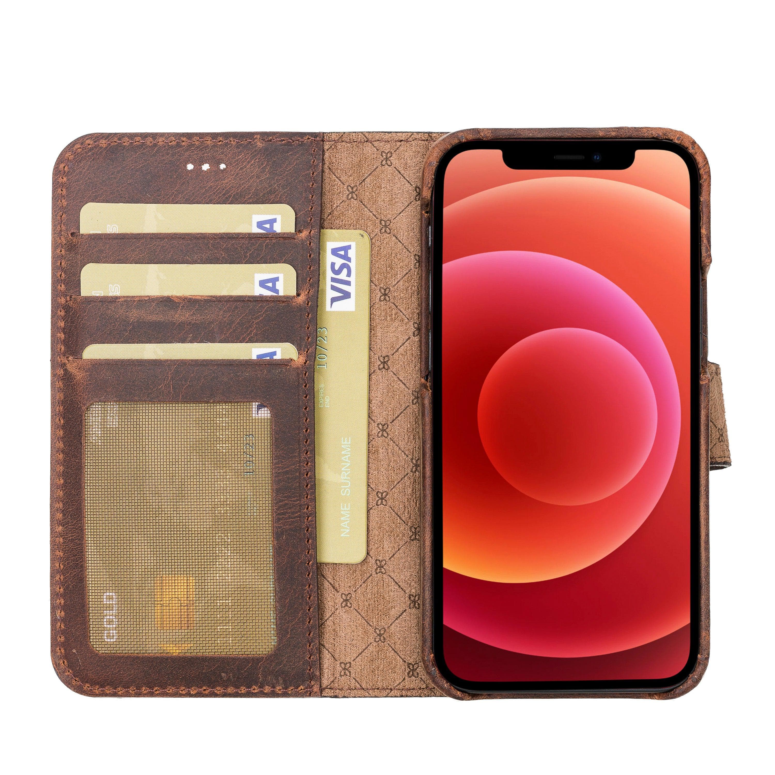 F360 Magnetic Detachable Leather Wallet Case for iPhone 12, showcasing its sleek design and functionality with credit card compartments.