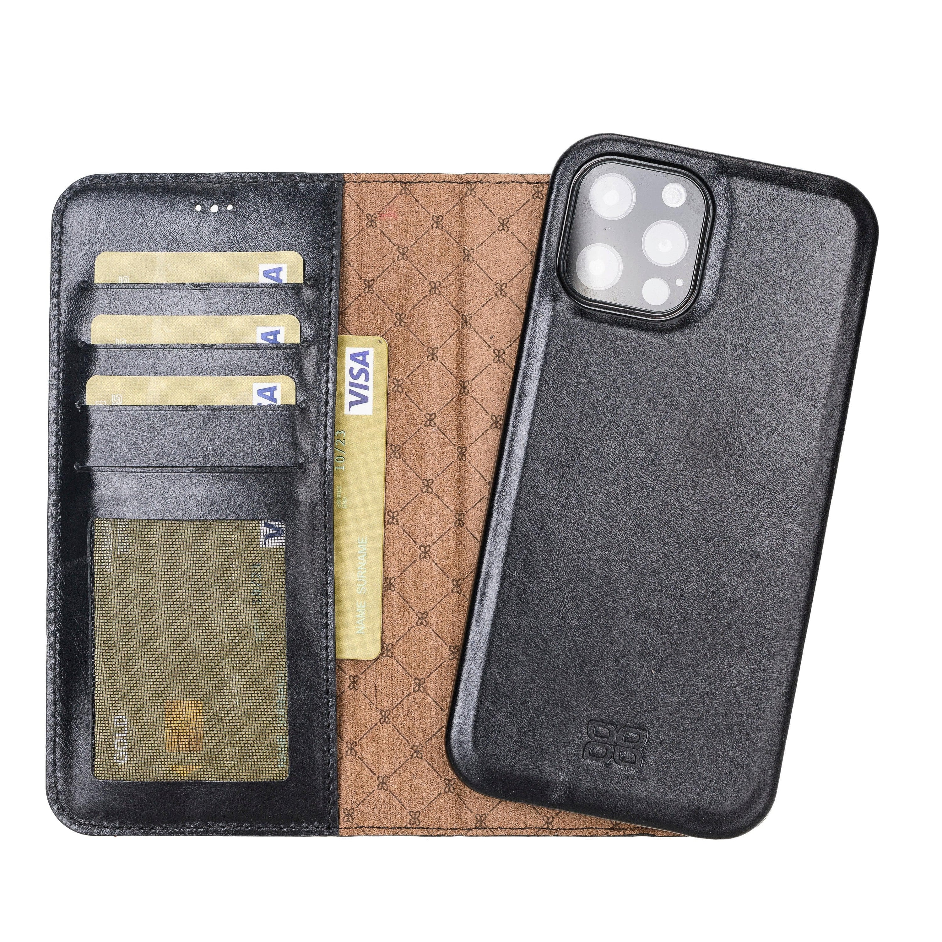 F360 Magnetic Detachable Leather Wallet Case for iPhone 12, showcasing its sleek design and functionality with credit card compartments.