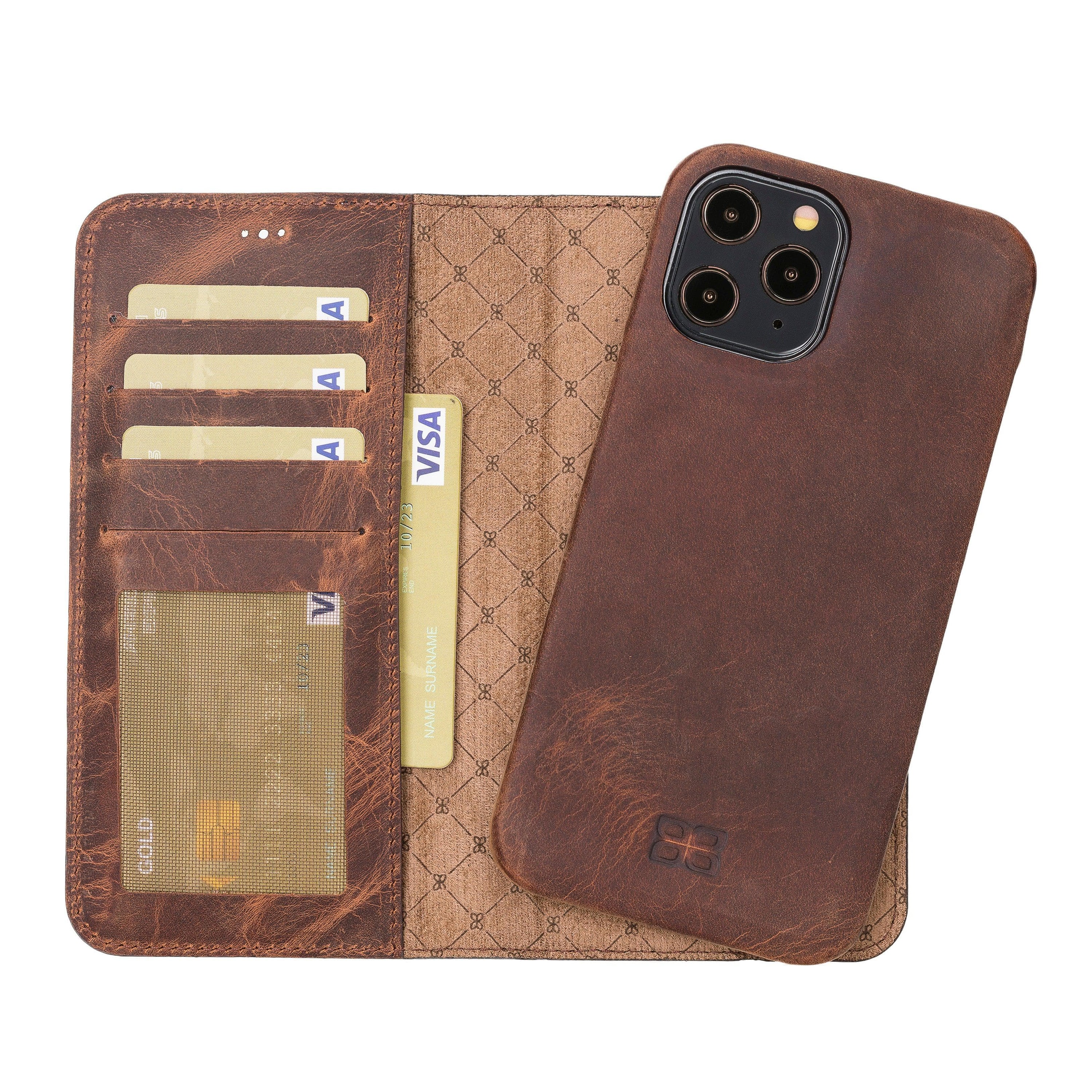 F360 Magnetic Detachable Leather Wallet Case for iPhone 12, showcasing its sleek design and functionality with credit card compartments.