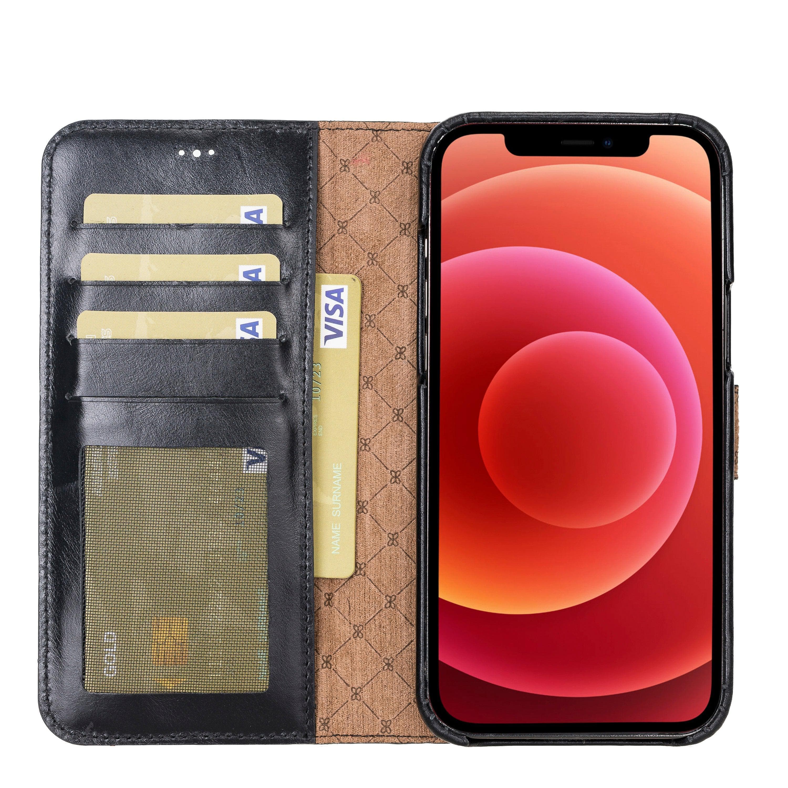 F360 Magnetic Detachable Leather Wallet Case for iPhone 12, showcasing its sleek design and functionality with credit card compartments.