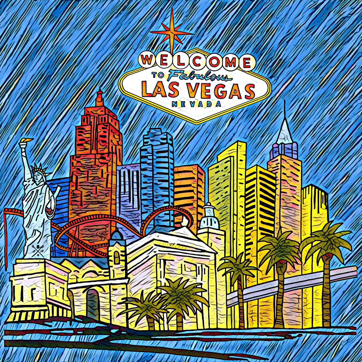 Fabulous Las Vegas Bold Ladies Scarf featuring a hand-sketched design of the New York New York hotel in vibrant colors.