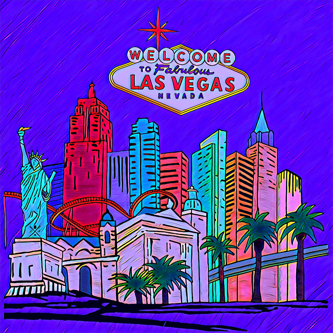 Fabulous Las Vegas Electric Blue Ladies Scarf featuring a hand-sketched design of the New York New York hotel in vibrant colors.