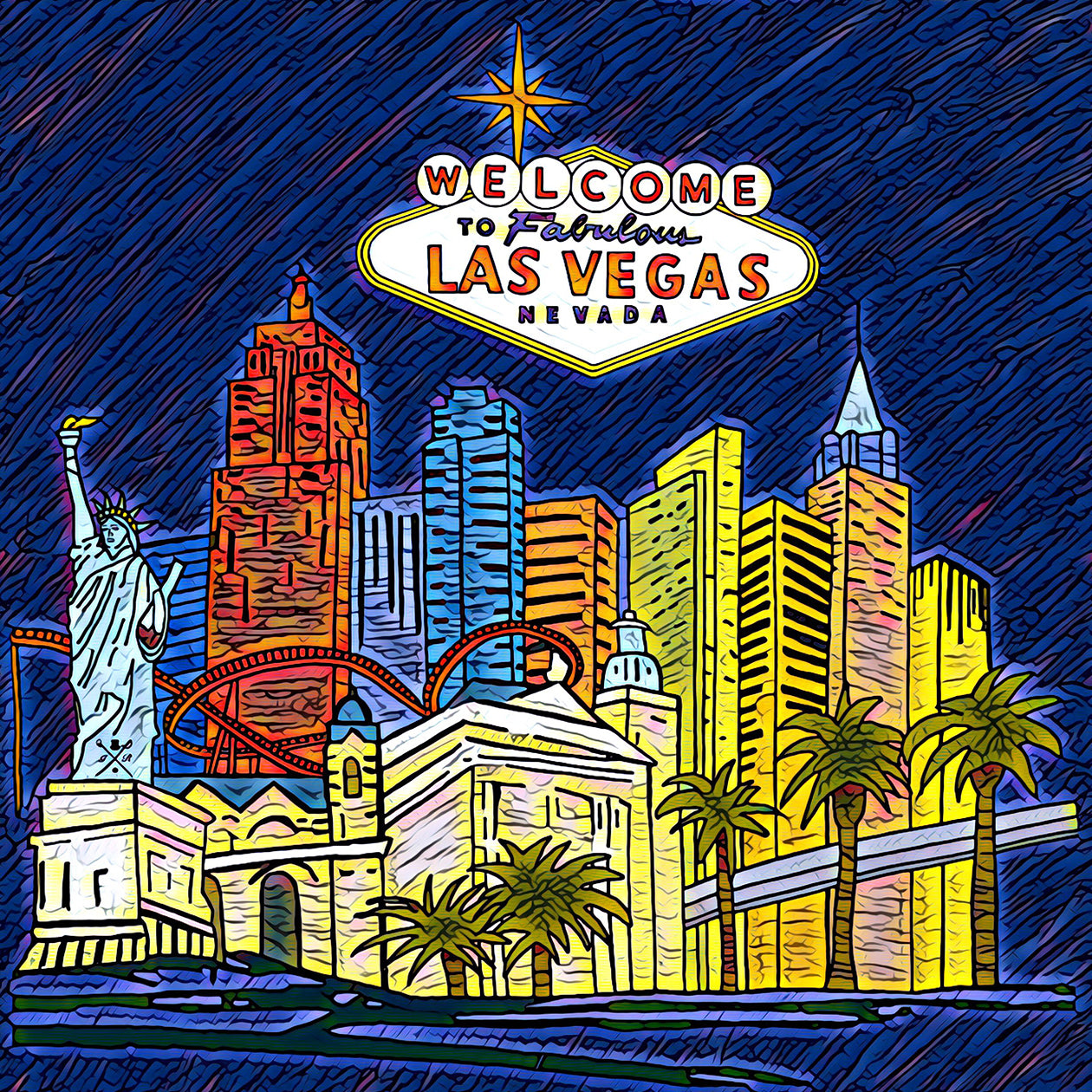 Fabulous Las Vegas Night Pocket Square featuring a hand-sketched design of the New York New York hotel in vibrant colors.