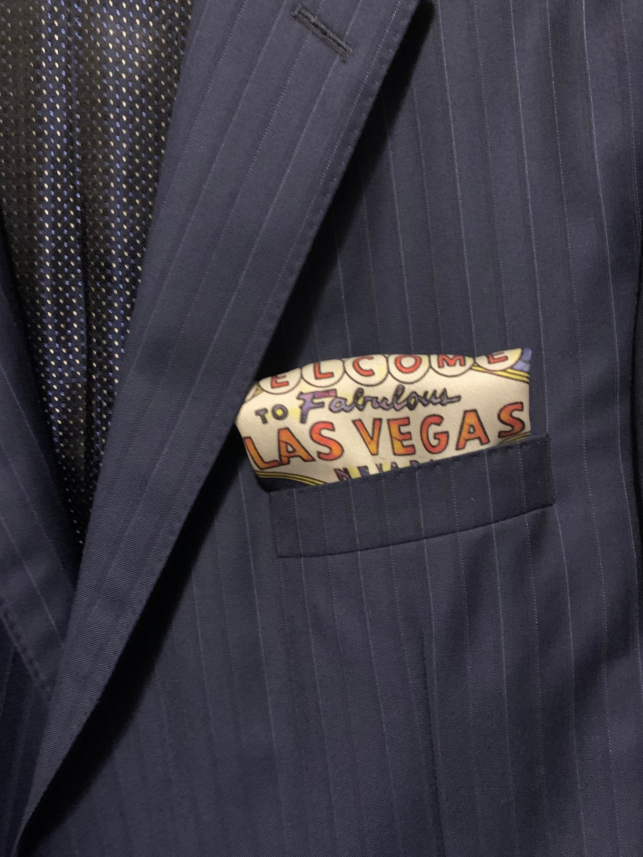 Fabulous Las Vegas Night Pocket Square featuring a hand-sketched design of the New York New York hotel in vibrant colors.