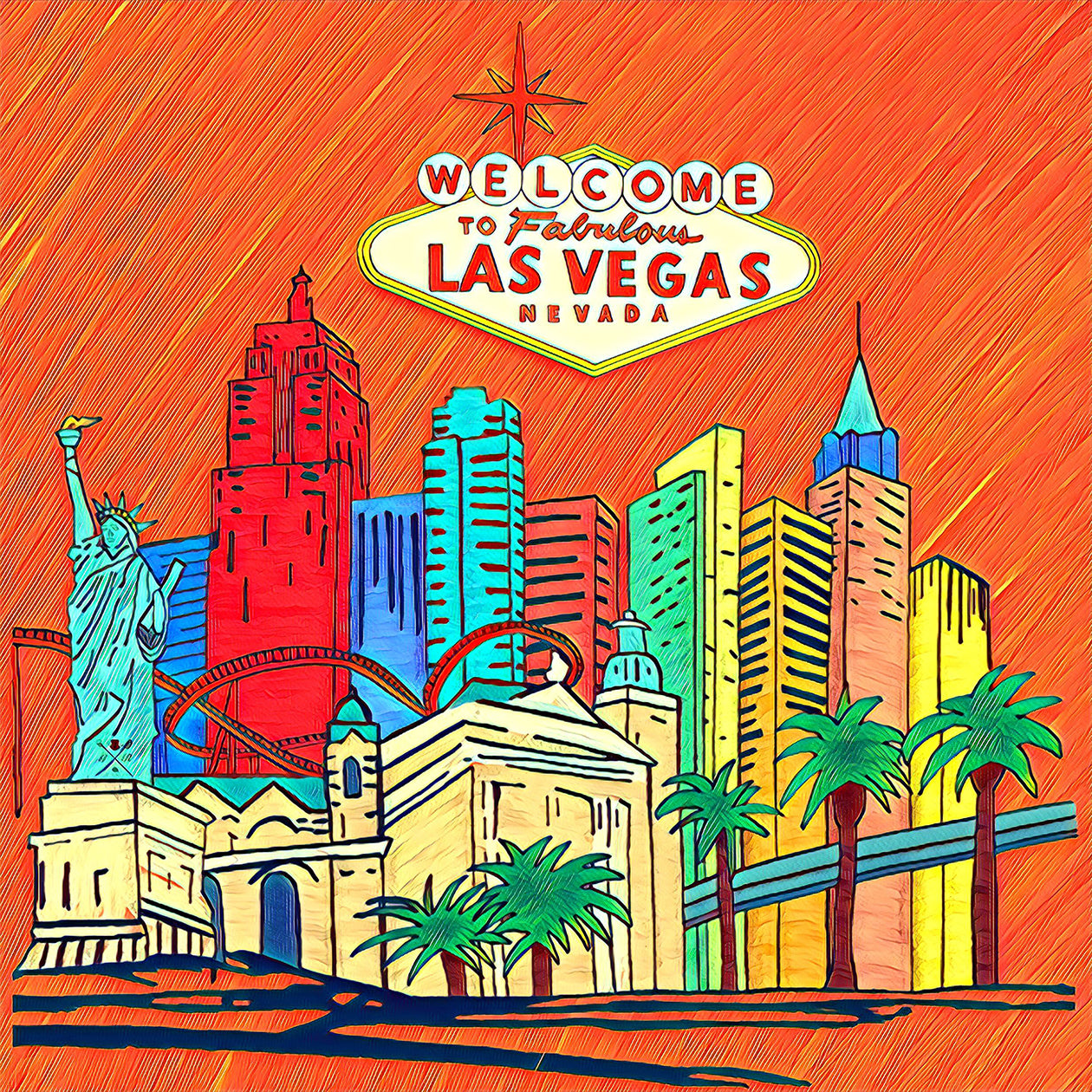 Fabulous Las Vegas Orange Ladies Scarf featuring a hand-sketched design of the New York New York hotel in vibrant colors.