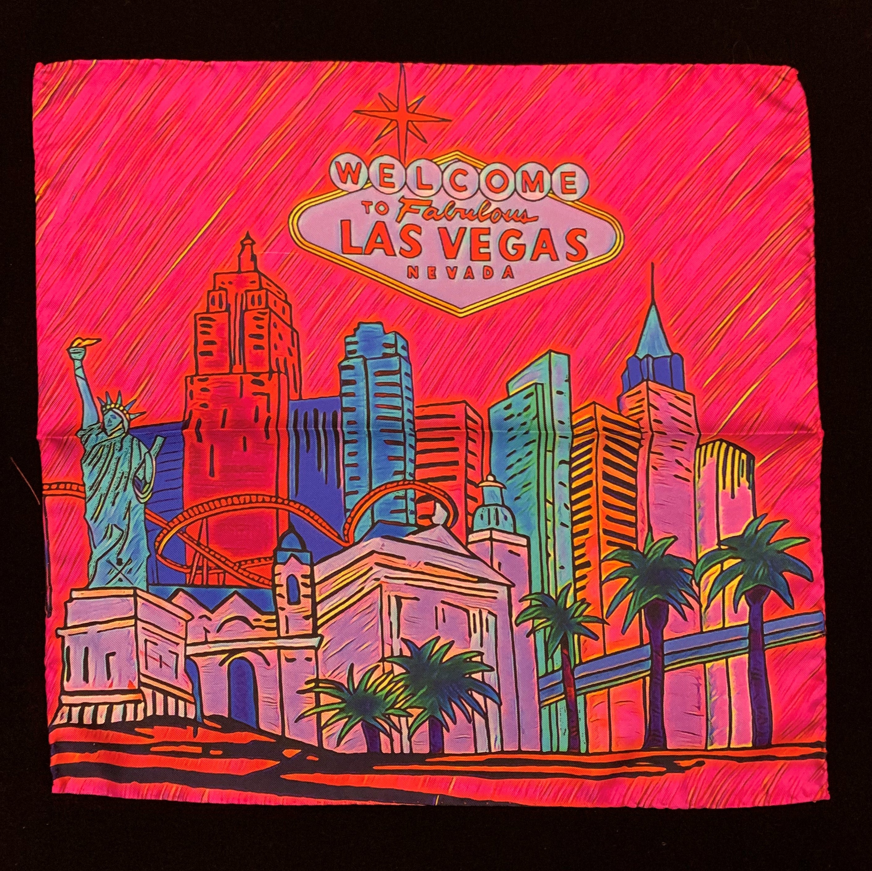 Fabulous Las Vegas Pink Pocket Square featuring a hand-sketched design of the New York New York hotel in vibrant colors.