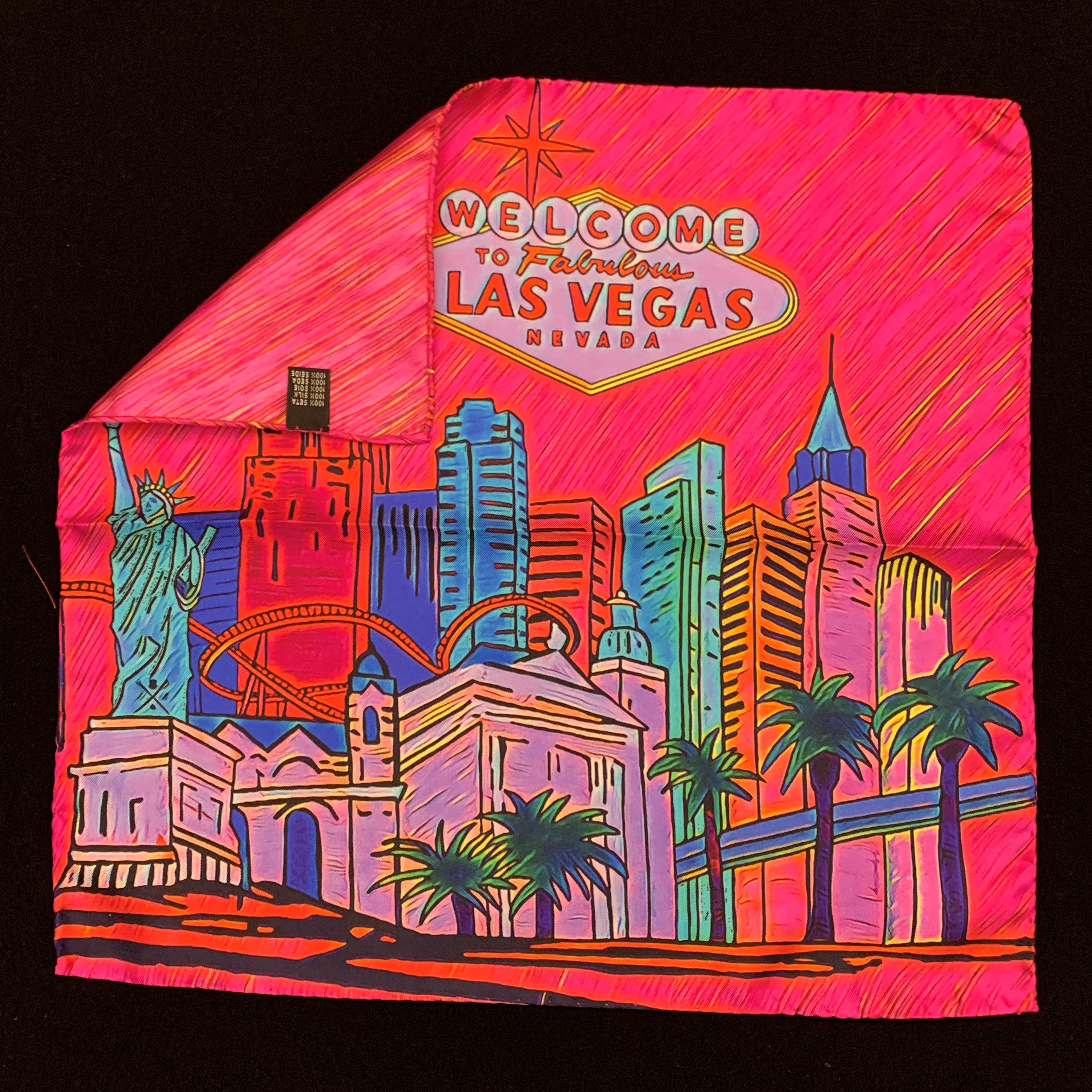 Fabulous Las Vegas Pink Pocket Square featuring a hand-sketched design of the New York New York hotel in vibrant colors.