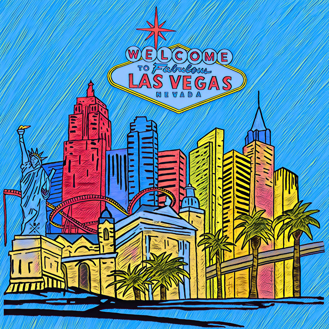 Fabulous Las Vegas Sky Blue Pocket Square featuring a hand-sketched design of the New York New York hotel in vibrant colors.