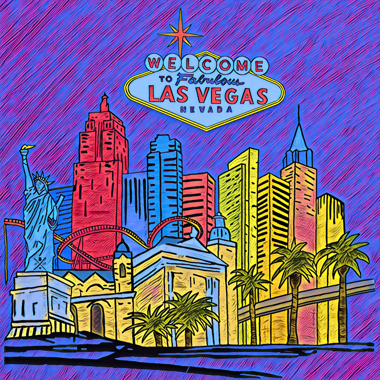 Fabulous Las Vegas Sunset Pocket Square featuring a hand-sketched design of the New York New York hotel in vibrant sunset colors.