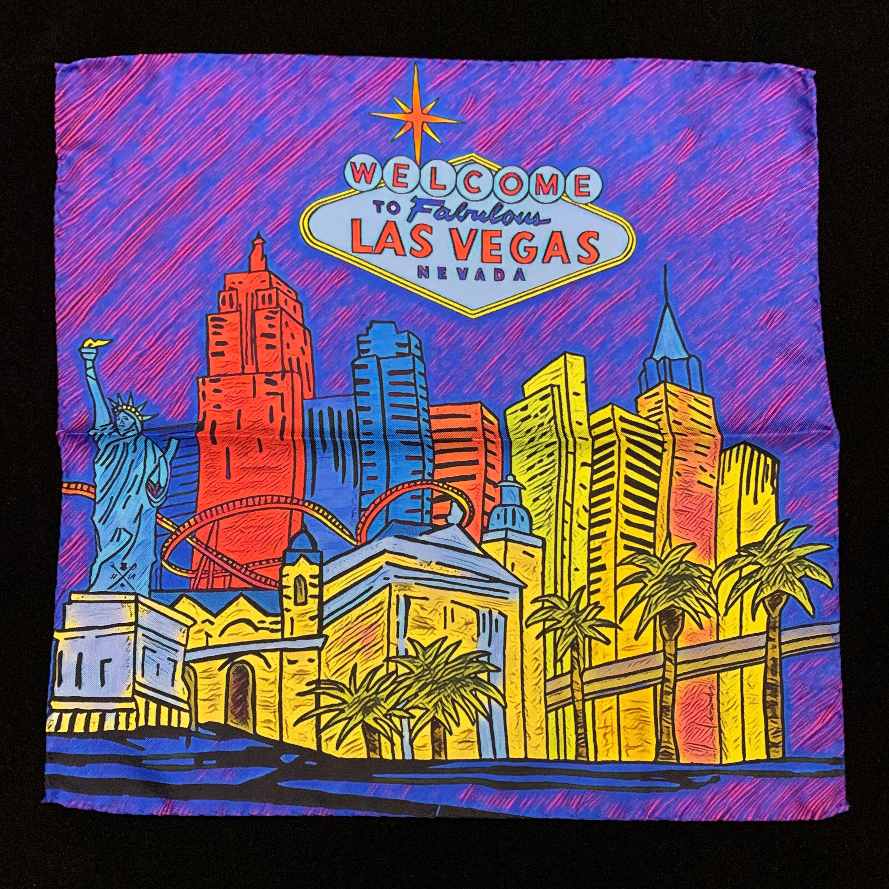 Fabulous Las Vegas Sunset Pocket Square featuring a hand-sketched design of the New York New York hotel in vibrant sunset colors.