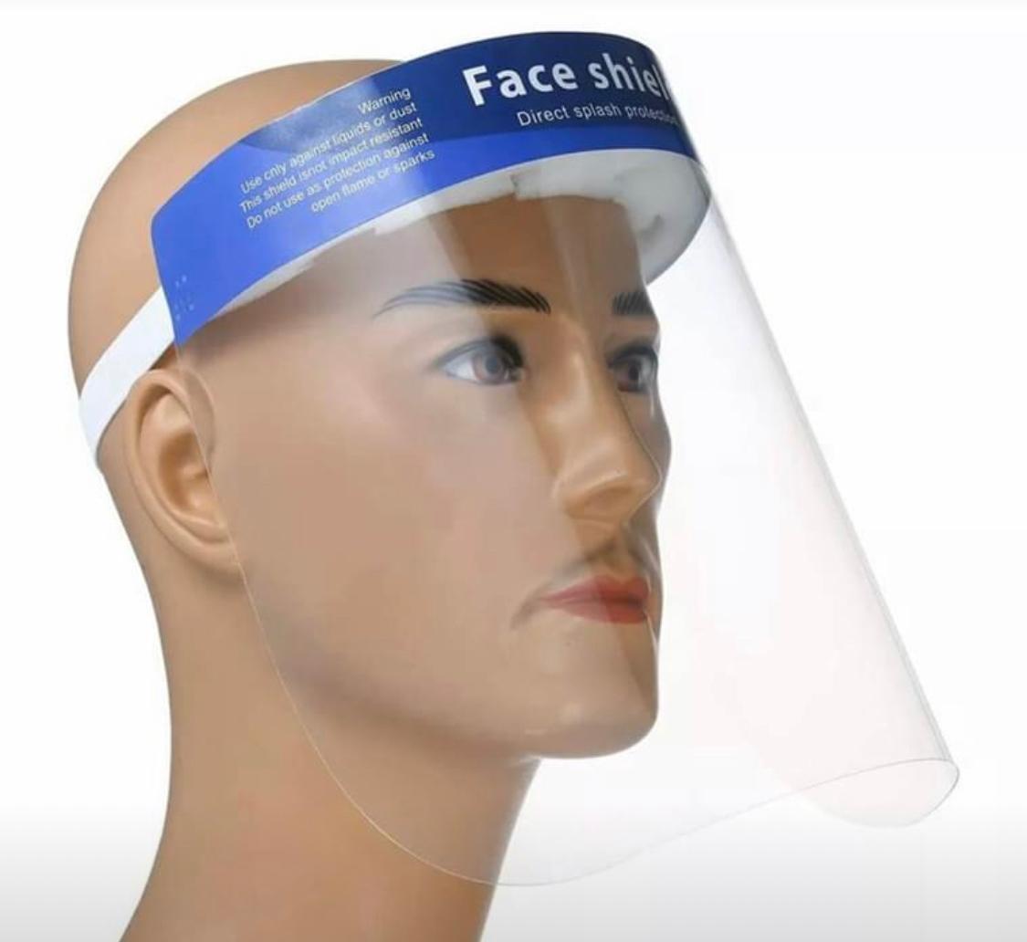 A double-sided anti-fog face shield providing full face protection against droplets and dust, featuring a comfortable sponge lining.