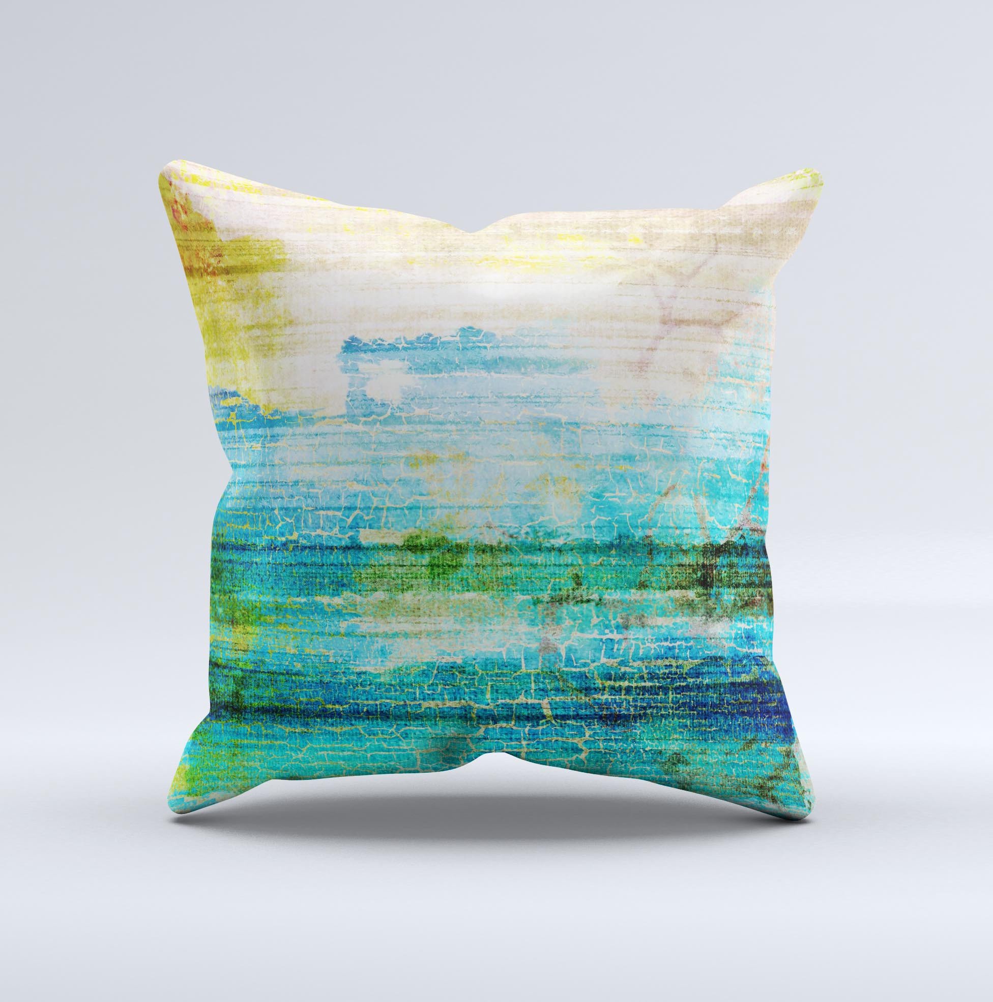 Faded and Cracked Green Paint Ink-Fuzed Decorative Throw Pillow showcasing unique hand-produced design and high-quality fabric.