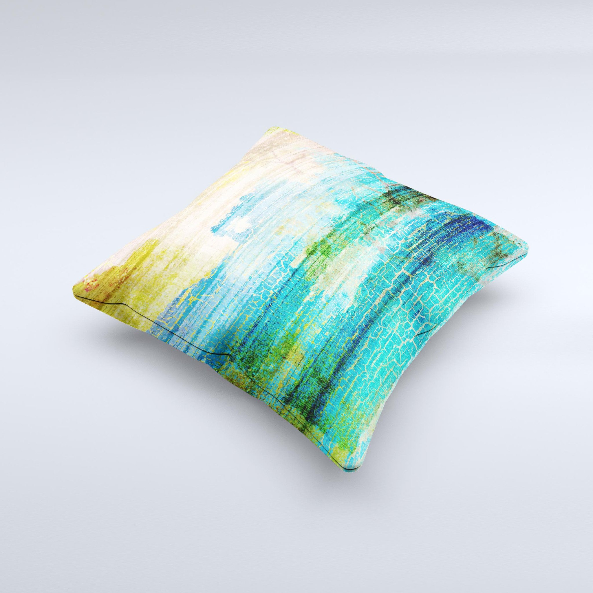 Faded and Cracked Green Paint Ink-Fuzed Decorative Throw Pillow showcasing unique hand-produced design and high-quality fabric.