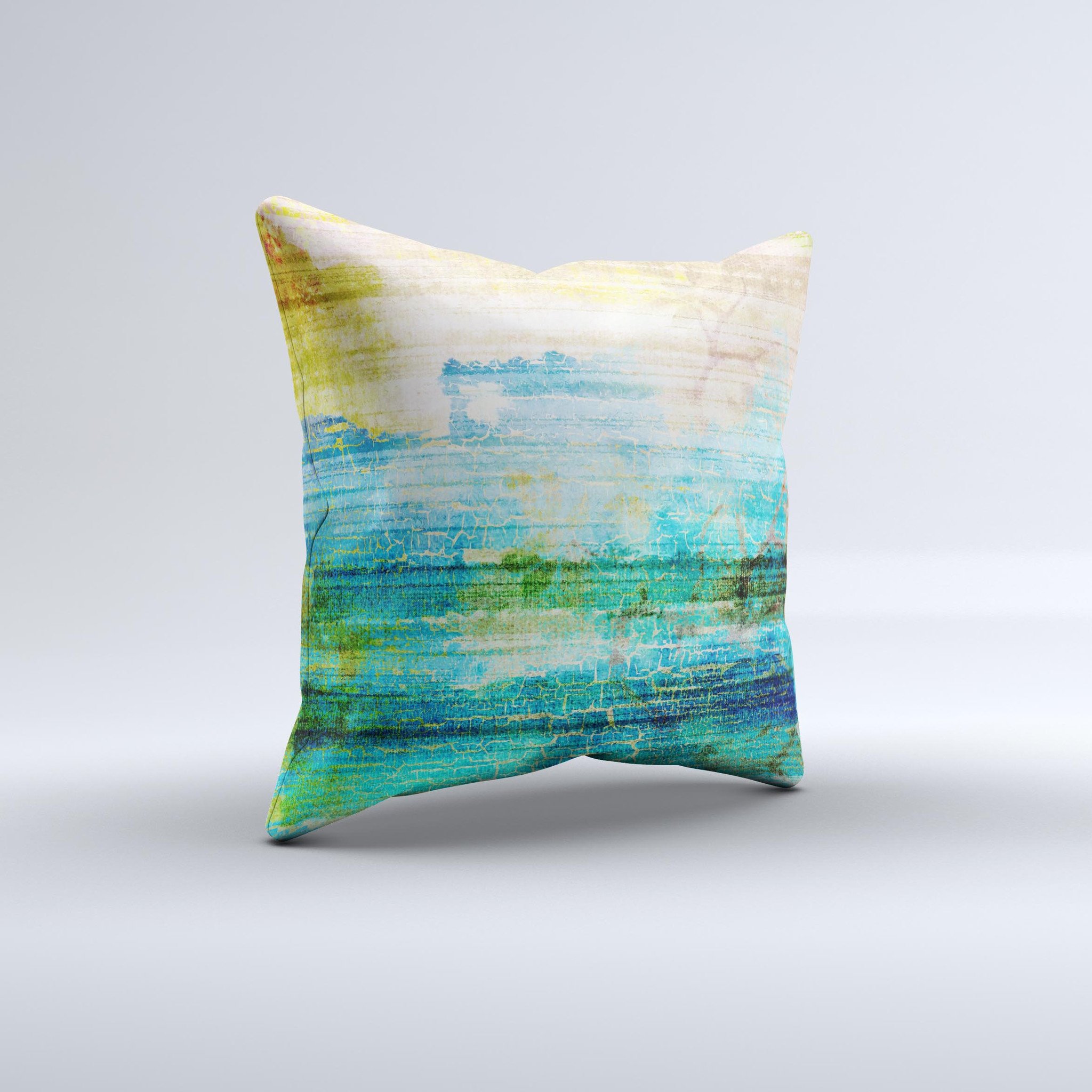 Faded and Cracked Green Paint Ink-Fuzed Decorative Throw Pillow showcasing unique hand-produced design and high-quality fabric.