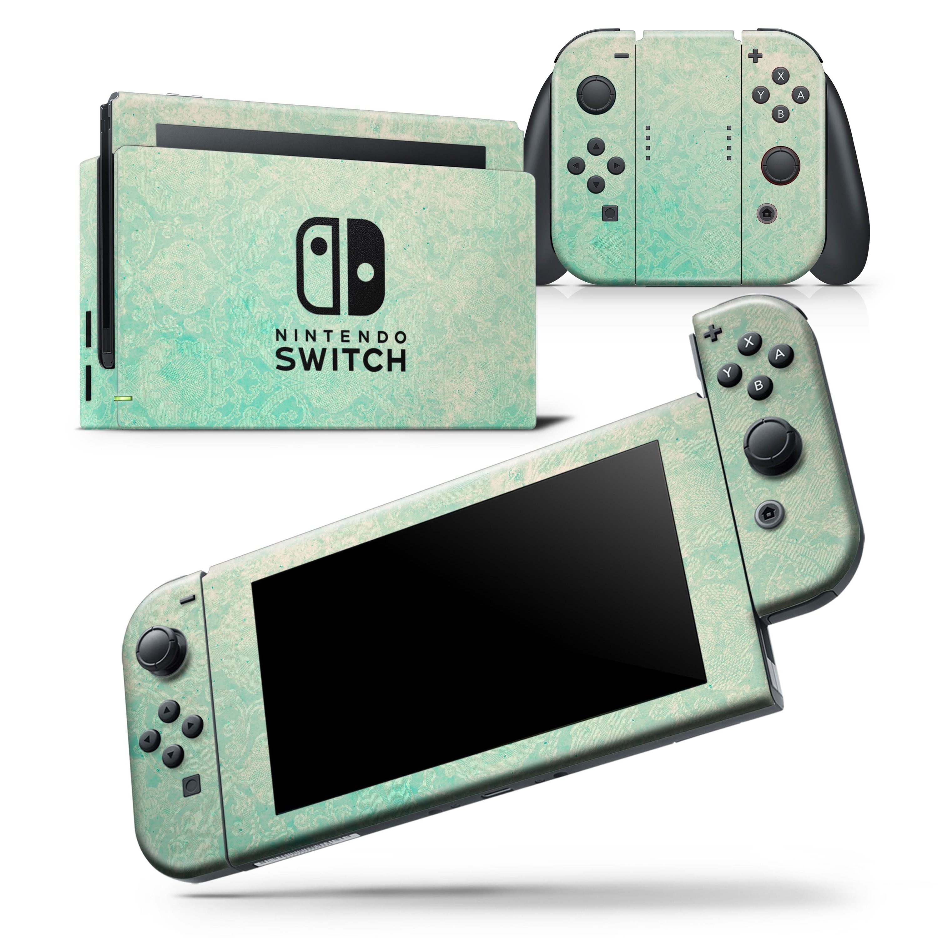 Faded Aqua Rococo Pattern skin wrap decal for Nintendo Switch Lite, showcasing vibrant colors and intricate design.