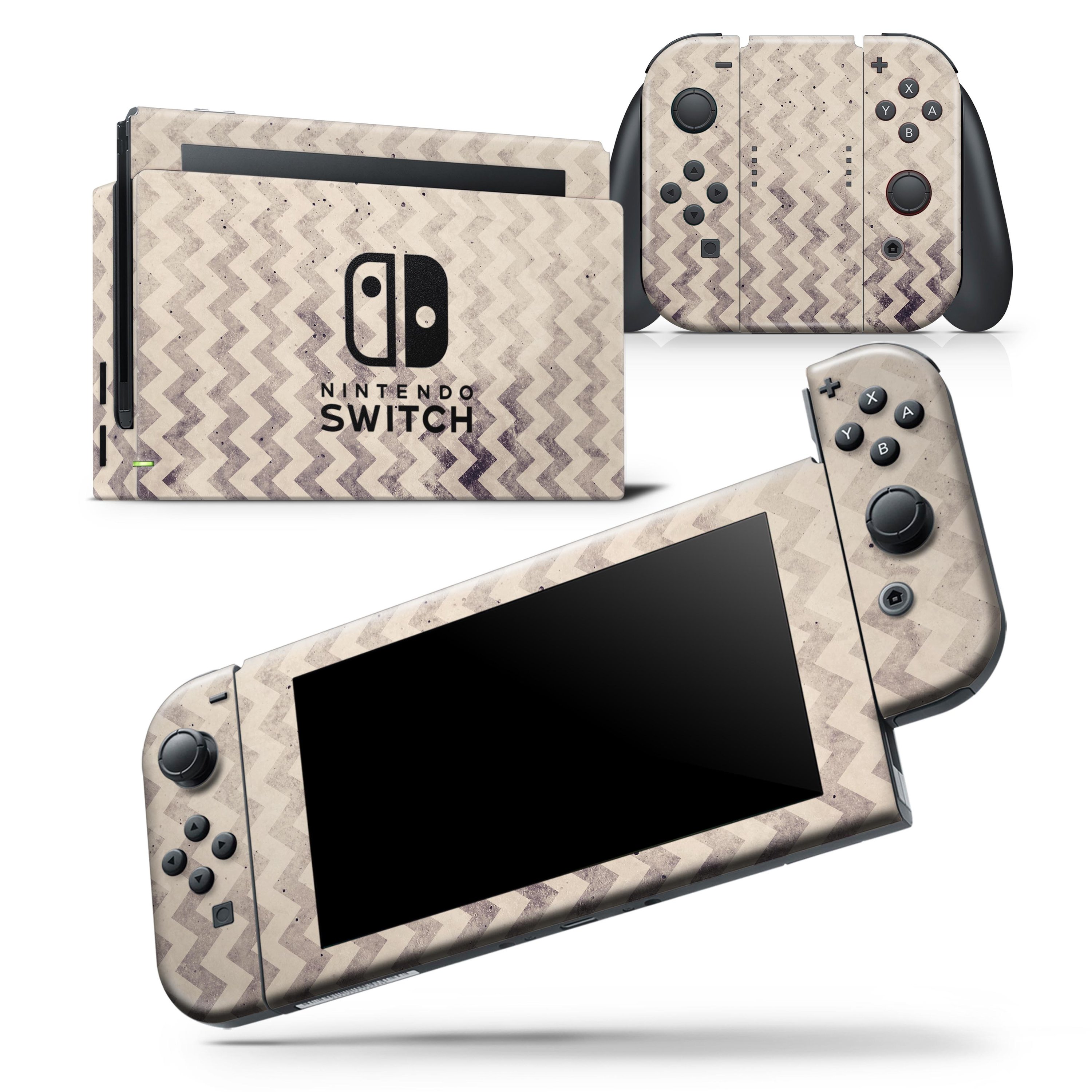 Faded black and white chevron pattern skin wrap decal for Nintendo Switch, showcasing a stylish design that fits snugly on the console and controllers.