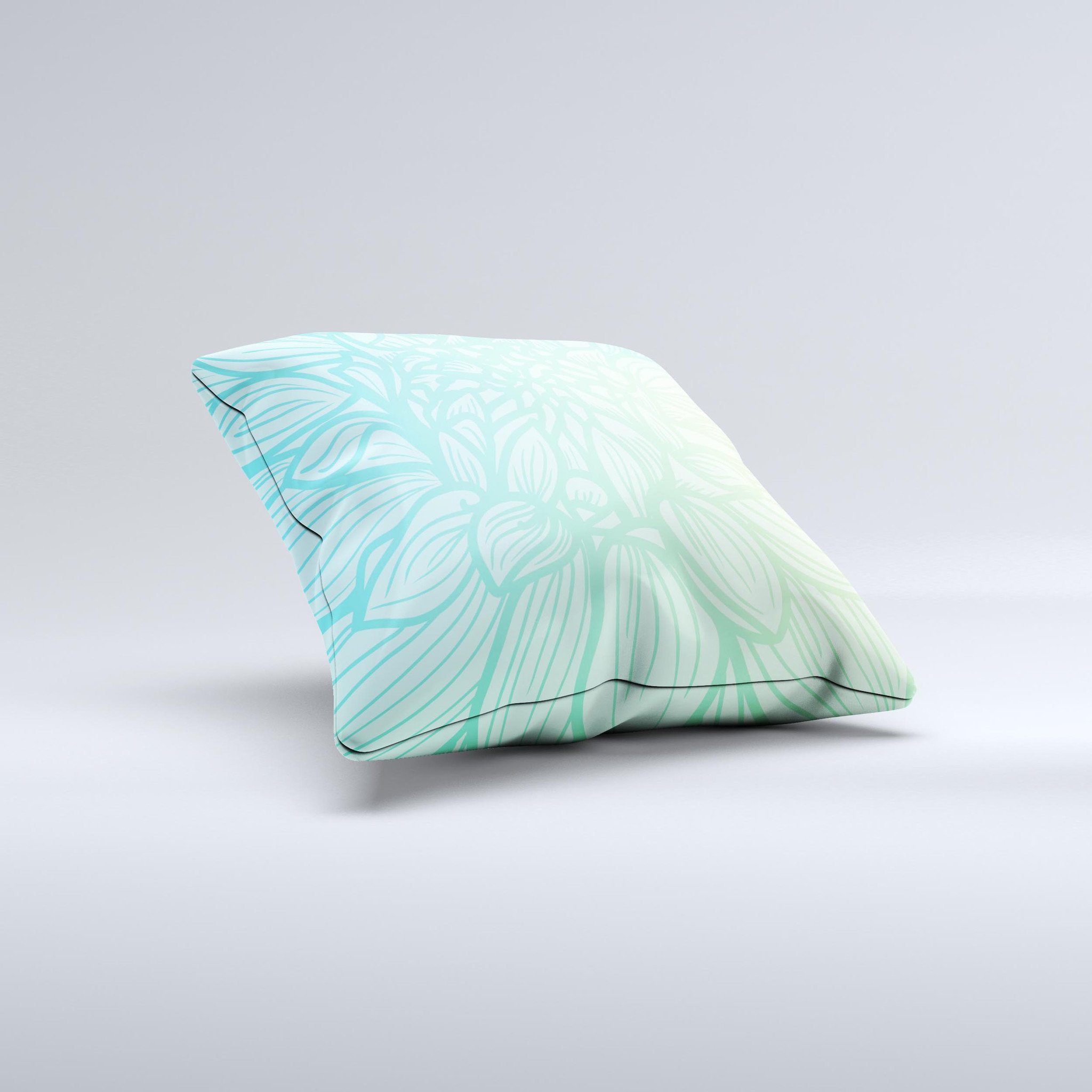 Faded blue green decorative throw pillow with subtle floral design, showcasing unique handmade craftsmanship and high-quality fabric.