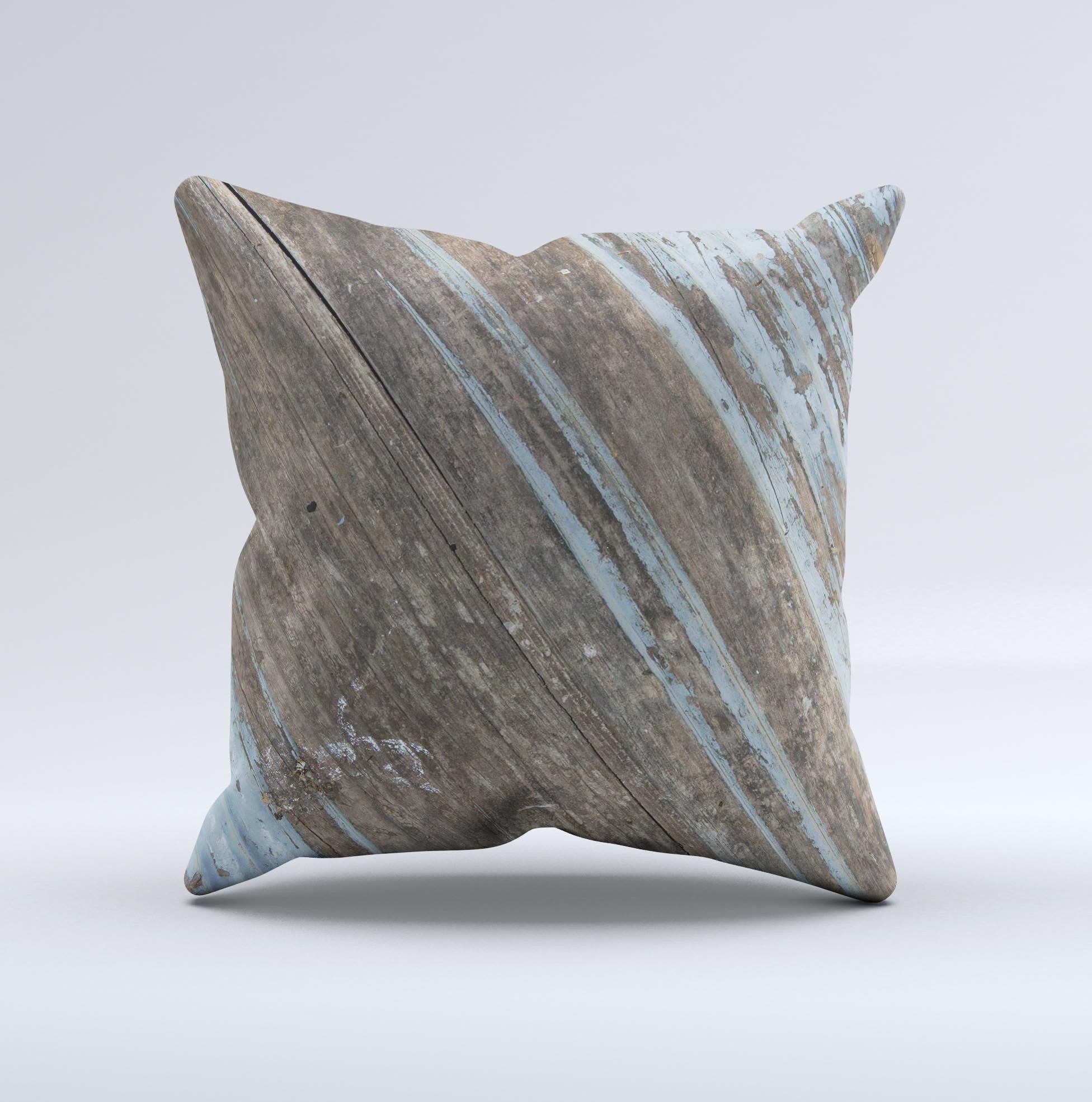 Faded Blue Paint on Wood Ink-Fuzed Decorative Throw Pillow showcasing a rustic design with a soft texture, perfect for home decor.