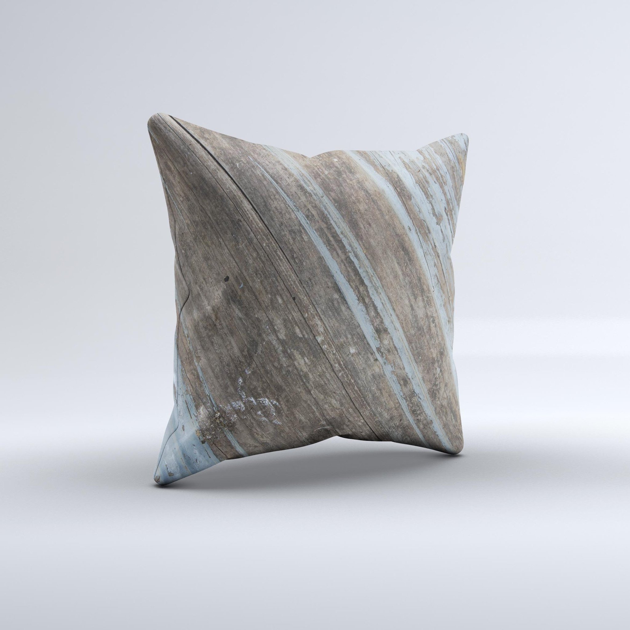 Faded Blue Paint on Wood Ink-Fuzed Decorative Throw Pillow showcasing a rustic design with a soft texture, perfect for home decor.