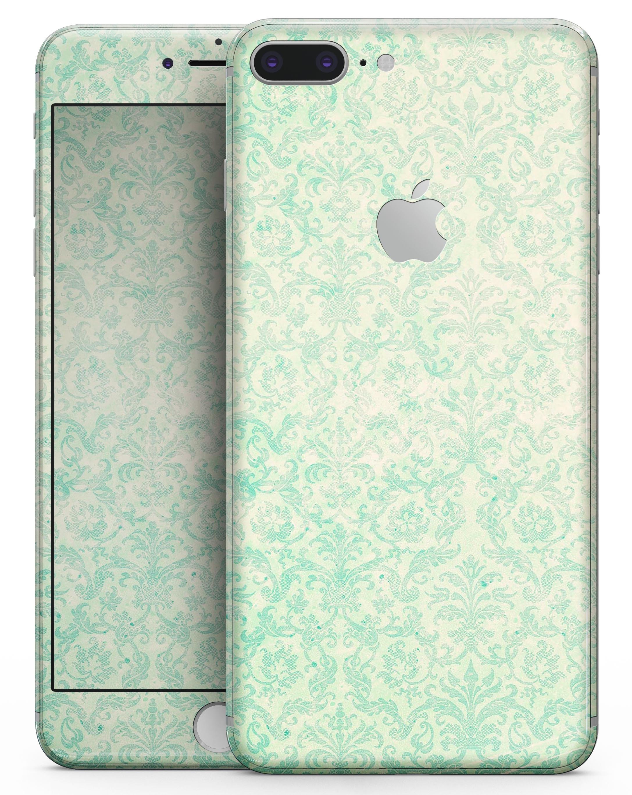 Faded Blue-Green Rococo Pattern skin for iPhone 8 and 8 Plus, showcasing intricate design and premium vinyl material.