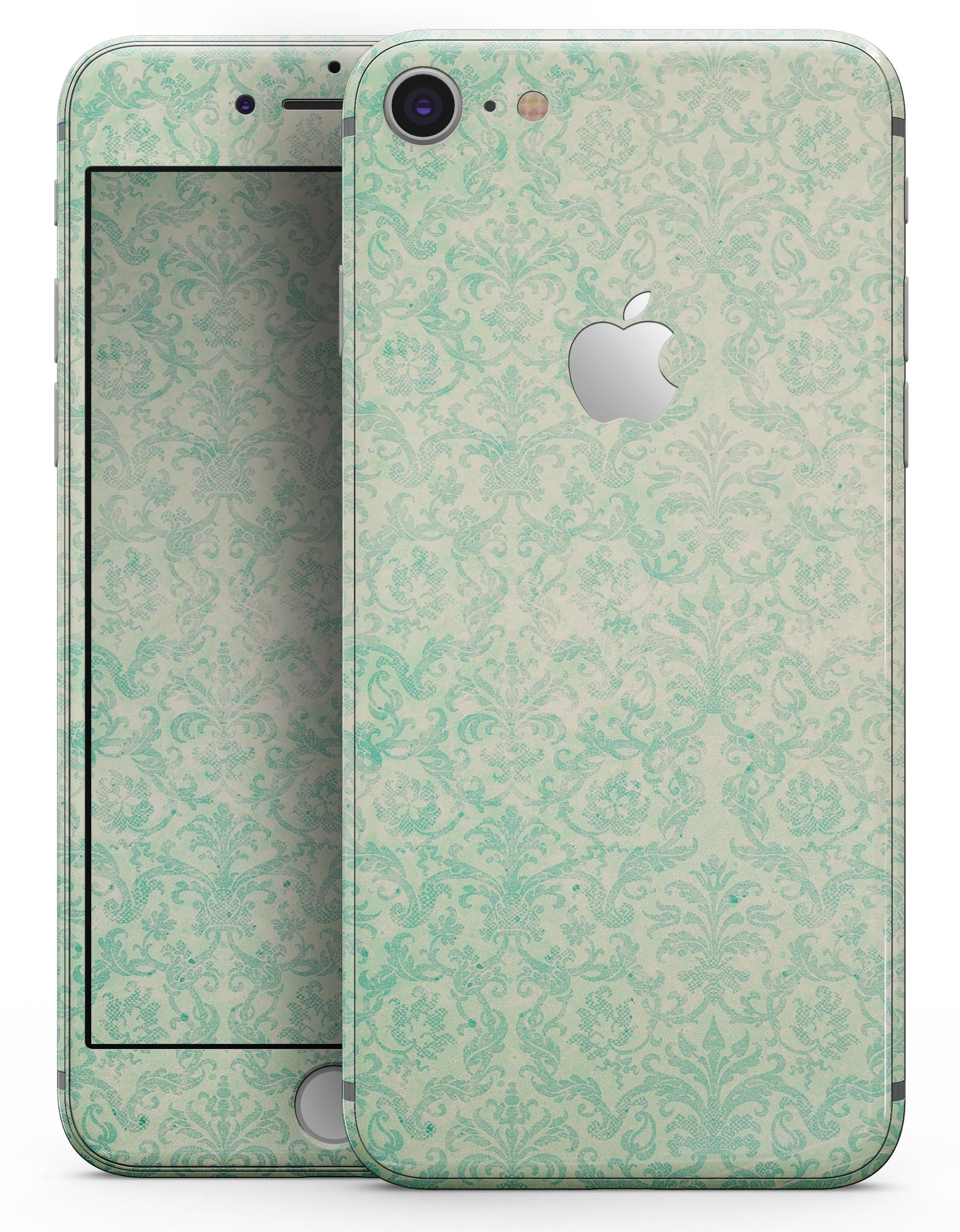 Faded Blue-Green Rococo Pattern skin for iPhone 8 and 8 Plus, showcasing intricate design and premium vinyl material.