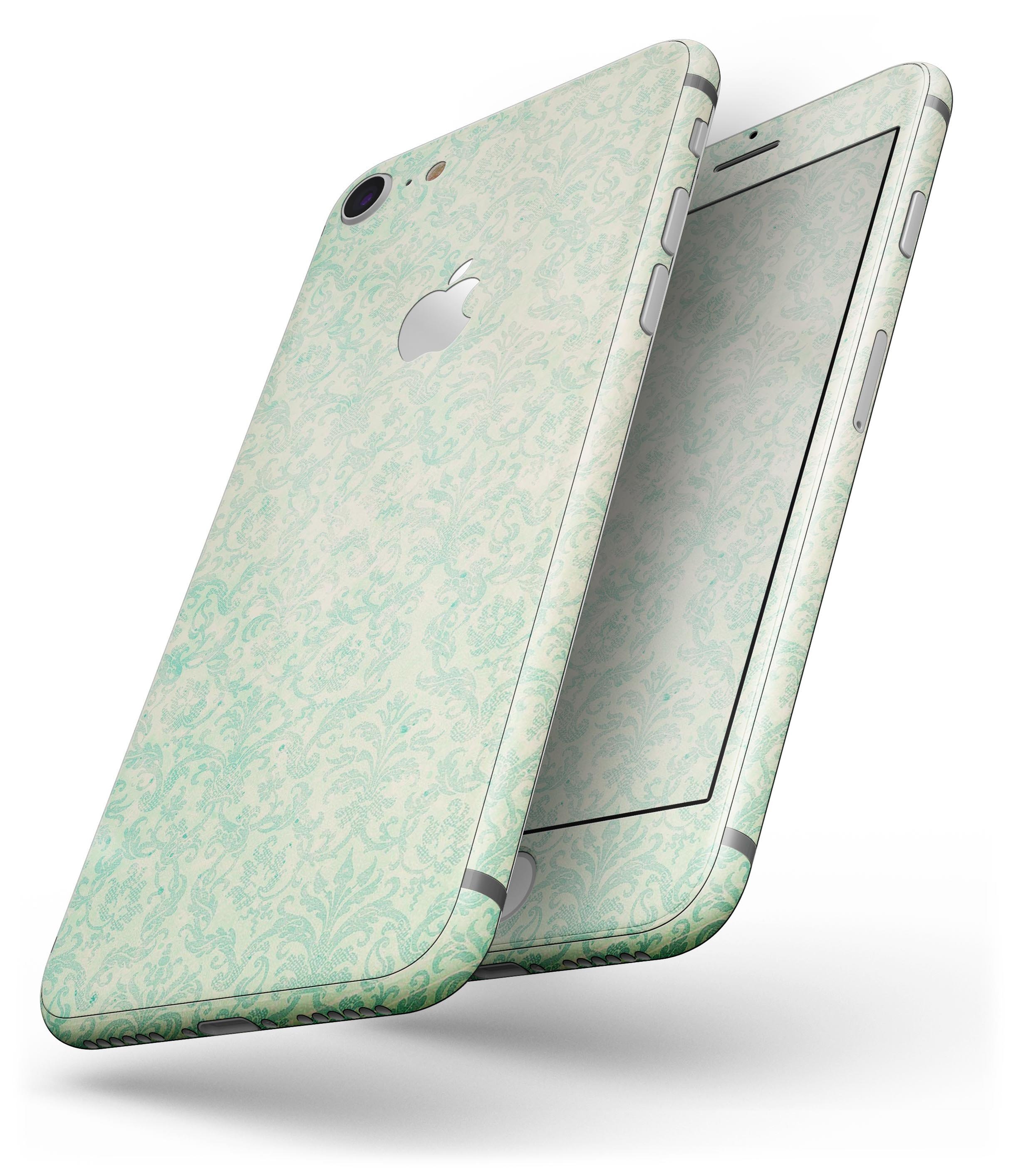 Faded Blue-Green Rococo Pattern skin for iPhone 8 and 8 Plus, showcasing intricate design and premium vinyl material.